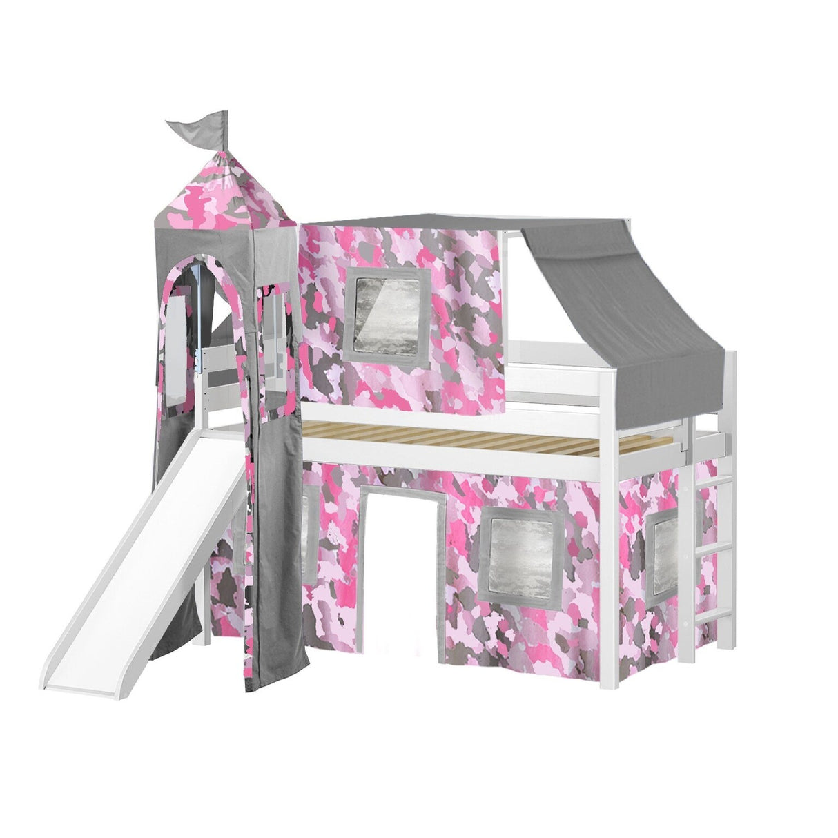 JACKPOT Prince & Princess Low Loft Twin Bed, Ladder Slide Tent & Tower