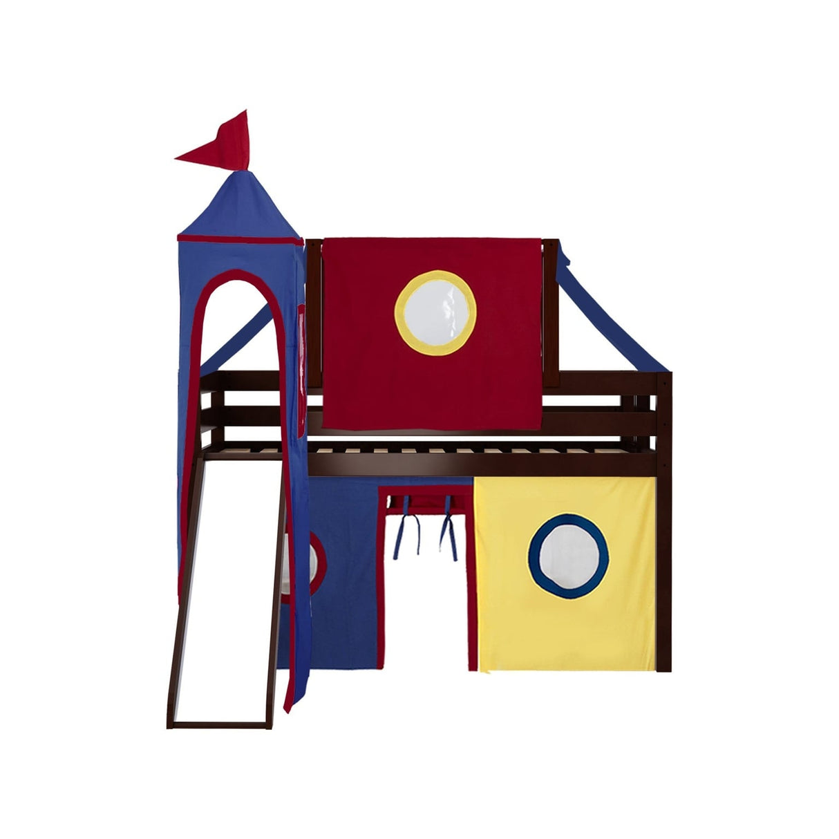 JACKPOT Prince & Princess Low Loft Twin Bed, Ladder Slide Tent & Tower