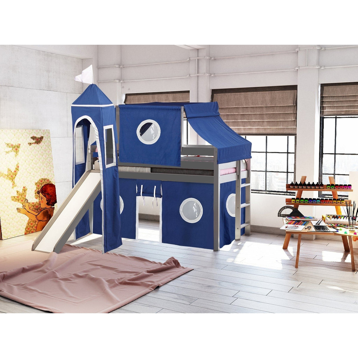 JACKPOT Prince & Princess Low Loft Twin Bed, Ladder Slide Tent & Tower