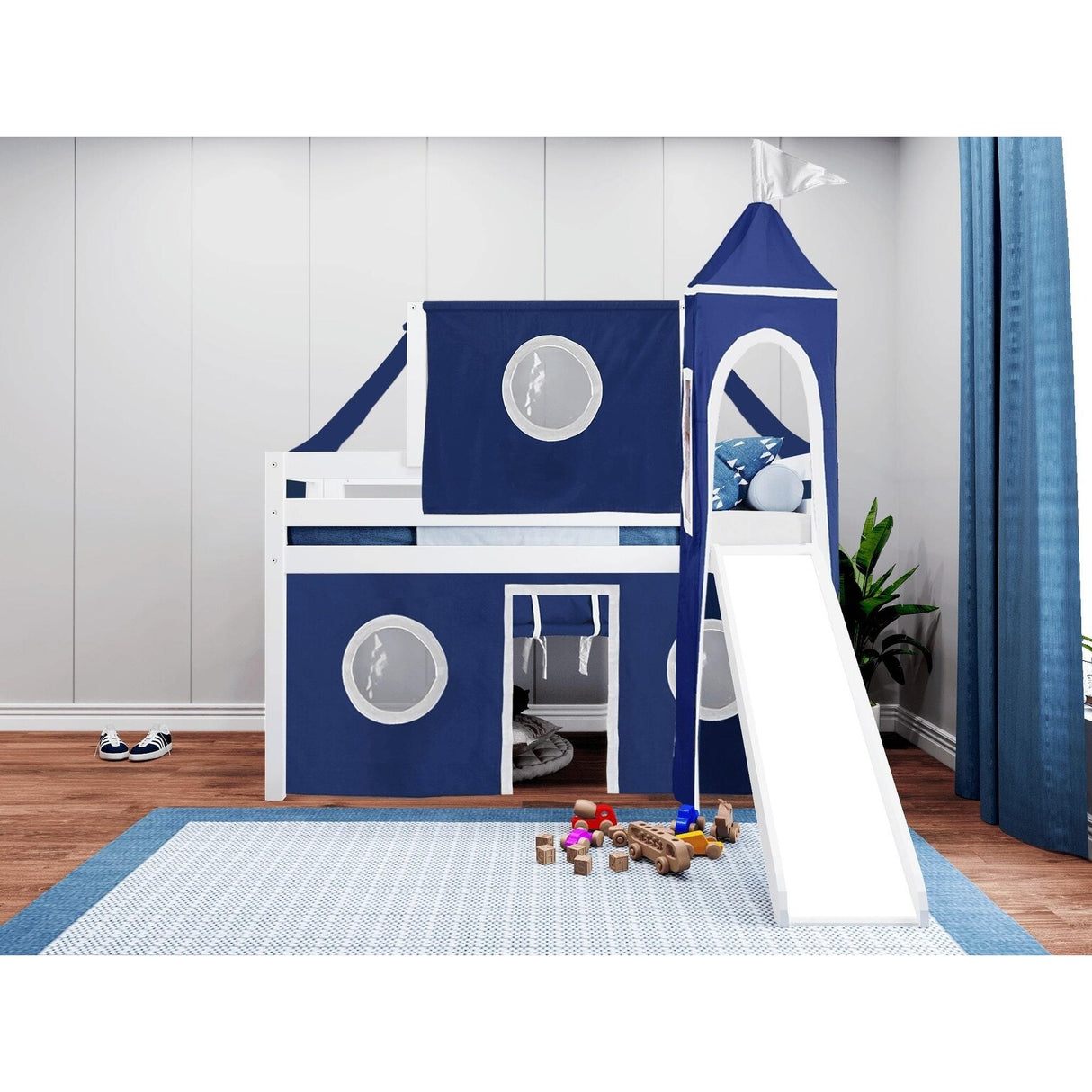 JACKPOT Prince & Princess Low Loft Twin Bed, Ladder Slide Tent & Tower