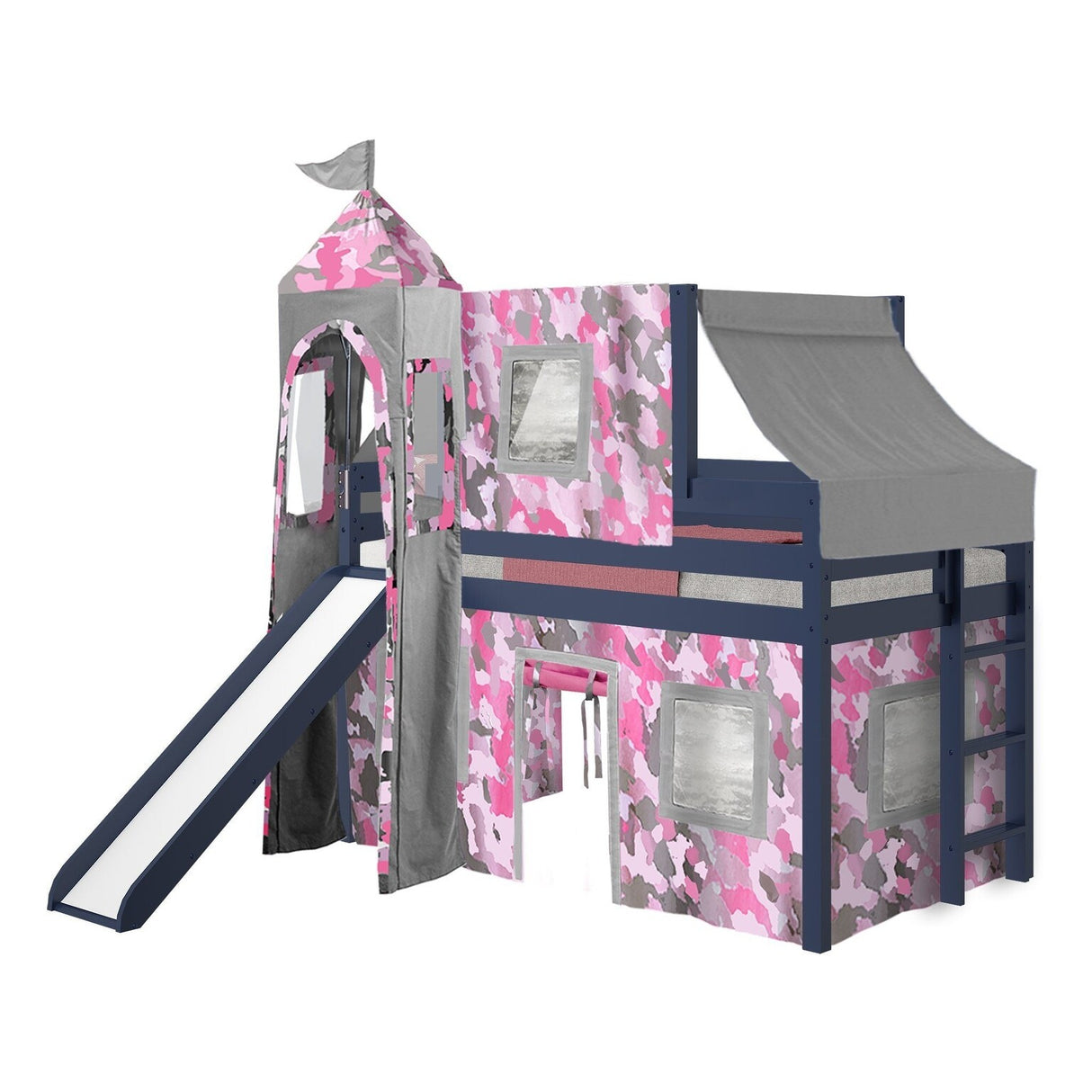 JACKPOT Prince & Princess Low Loft Twin Bed, Ladder Slide Tent & Tower
