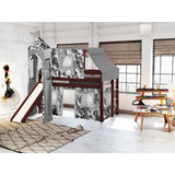 JACKPOT Prince & Princess Low Loft Twin Bed, Ladder Slide Tent & Tower