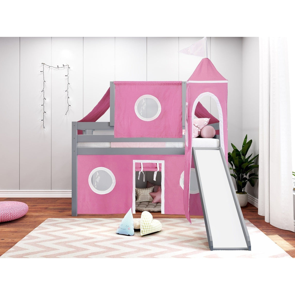 JACKPOT Prince & Princess Low Loft Twin Bed, Ladder Slide Tent & Tower