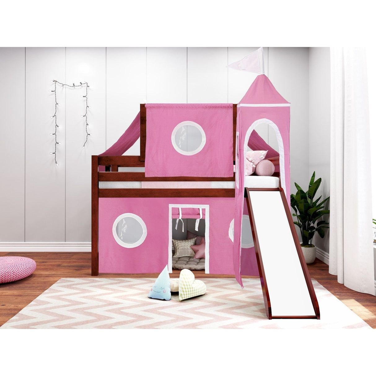 JACKPOT Prince & Princess Low Loft Twin Bed, Ladder Slide Tent & Tower