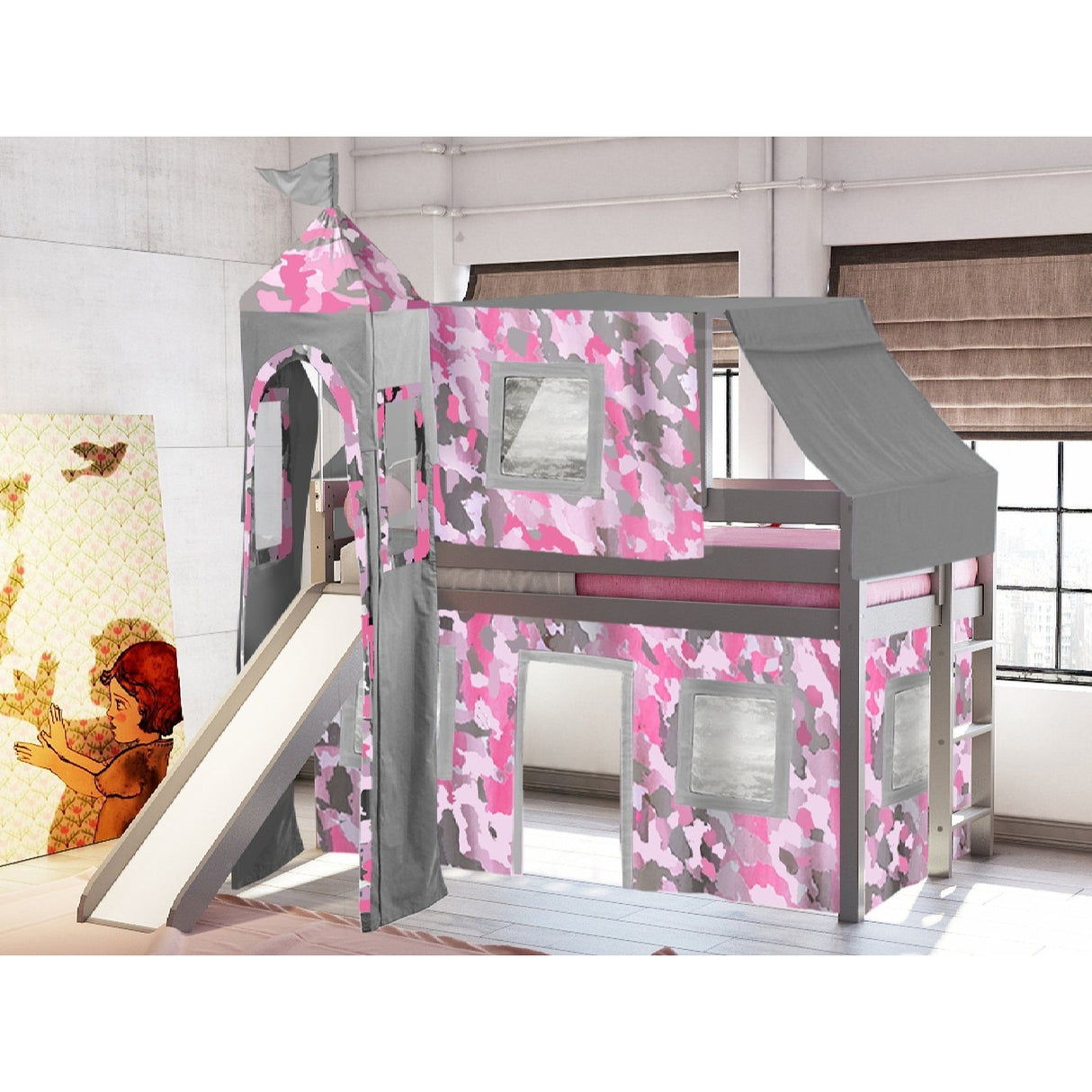 JACKPOT Prince & Princess Low Loft Twin Bed, Ladder Slide Tent & Tower