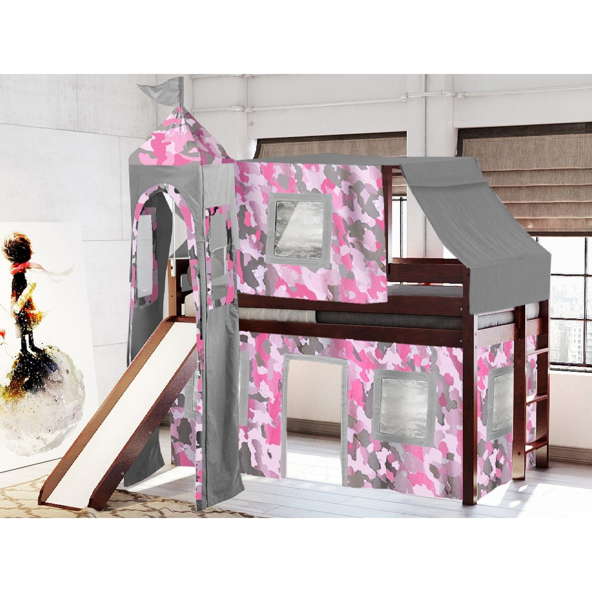 JACKPOT Prince & Princess Low Loft Twin Bed, Ladder Slide Tent & Tower