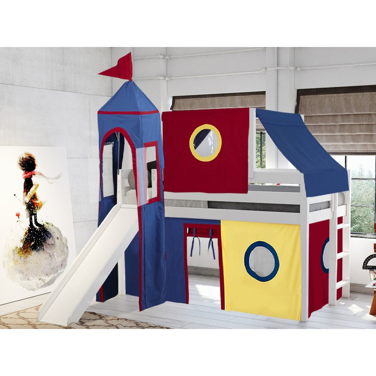 JACKPOT Prince & Princess Low Loft Twin Bed, Ladder Slide Tent & Tower