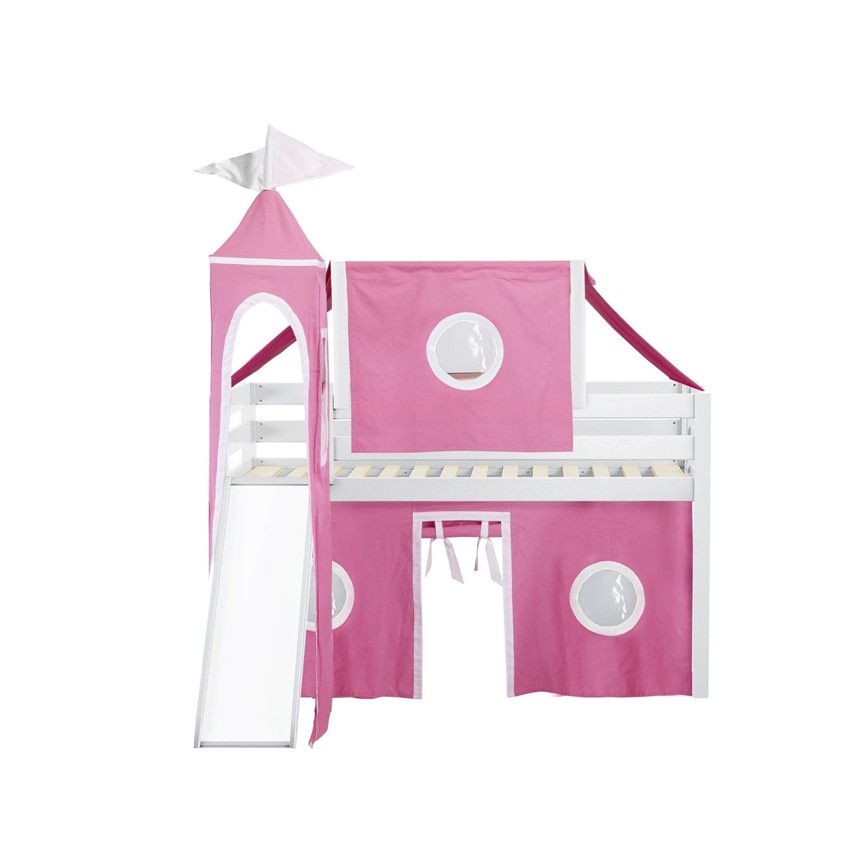 JACKPOT Prince & Princess Low Loft Twin Bed, Ladder Slide Tent & Tower