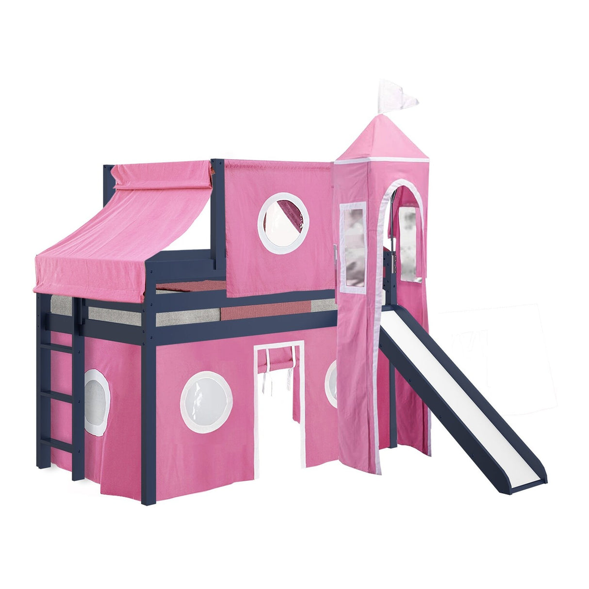 JACKPOT Prince & Princess Low Loft Twin Bed, Ladder Slide Tent & Tower