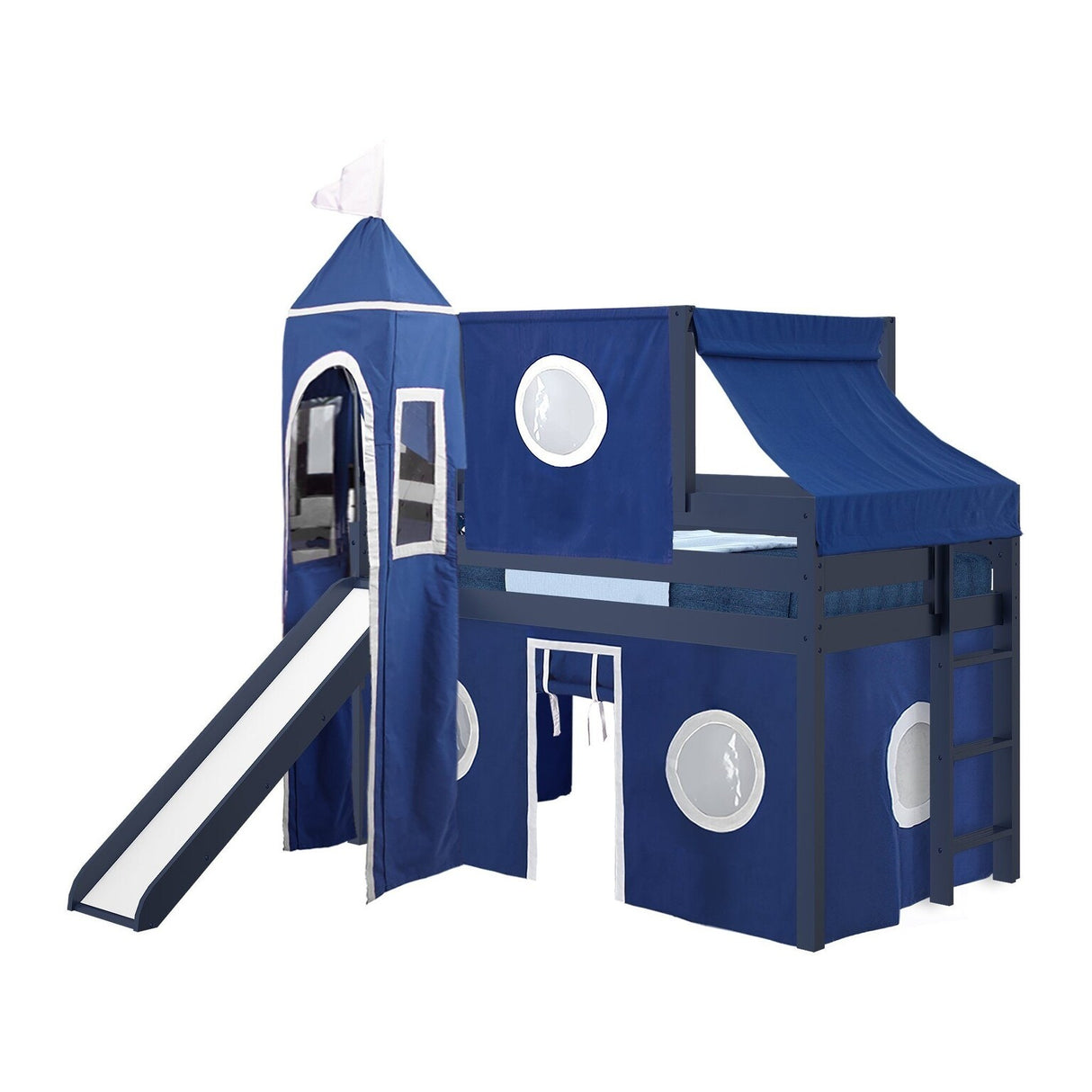 JACKPOT Prince & Princess Low Loft Twin Bed, Ladder Slide Tent & Tower