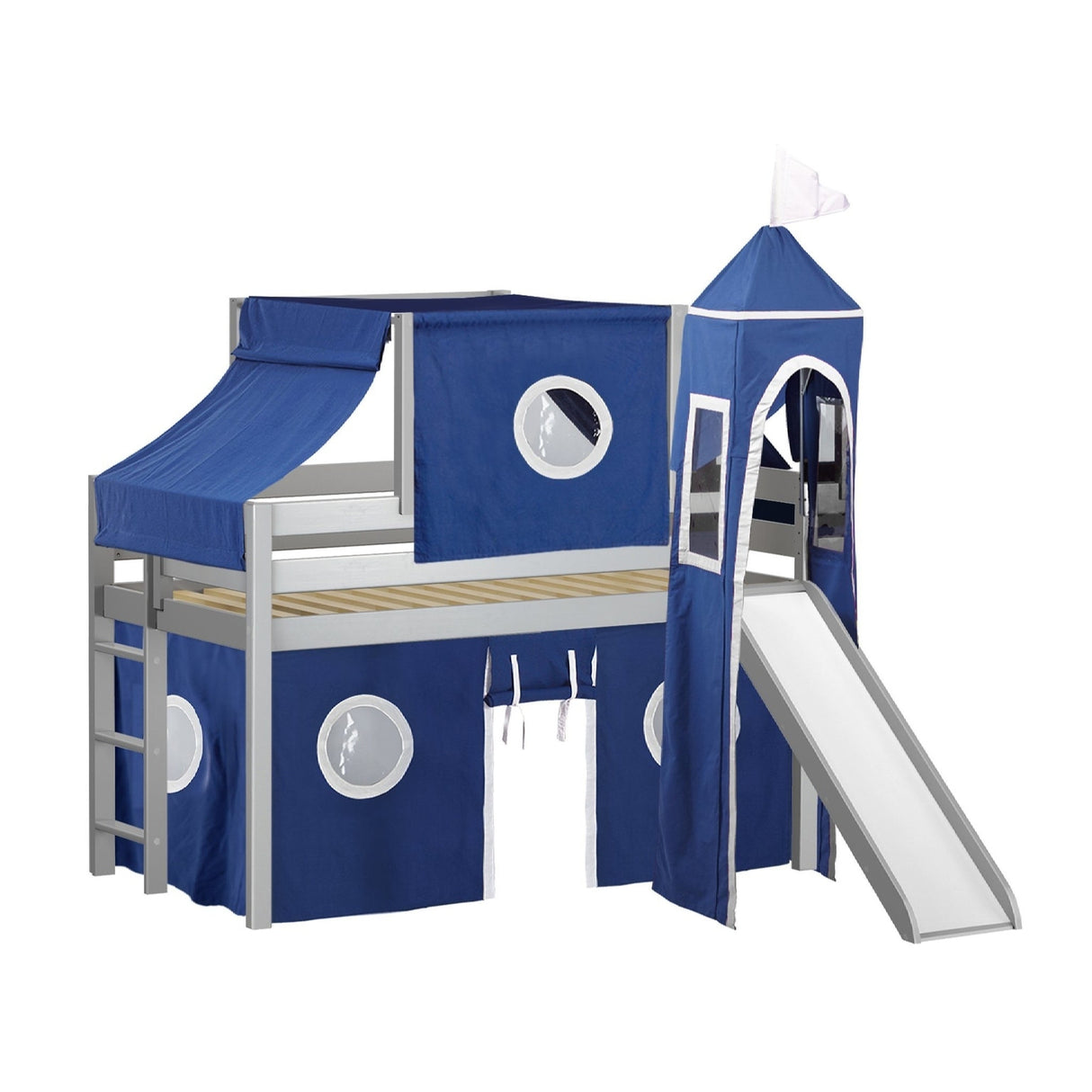 JACKPOT Prince & Princess Low Loft Twin Bed, Ladder Slide Tent & Tower