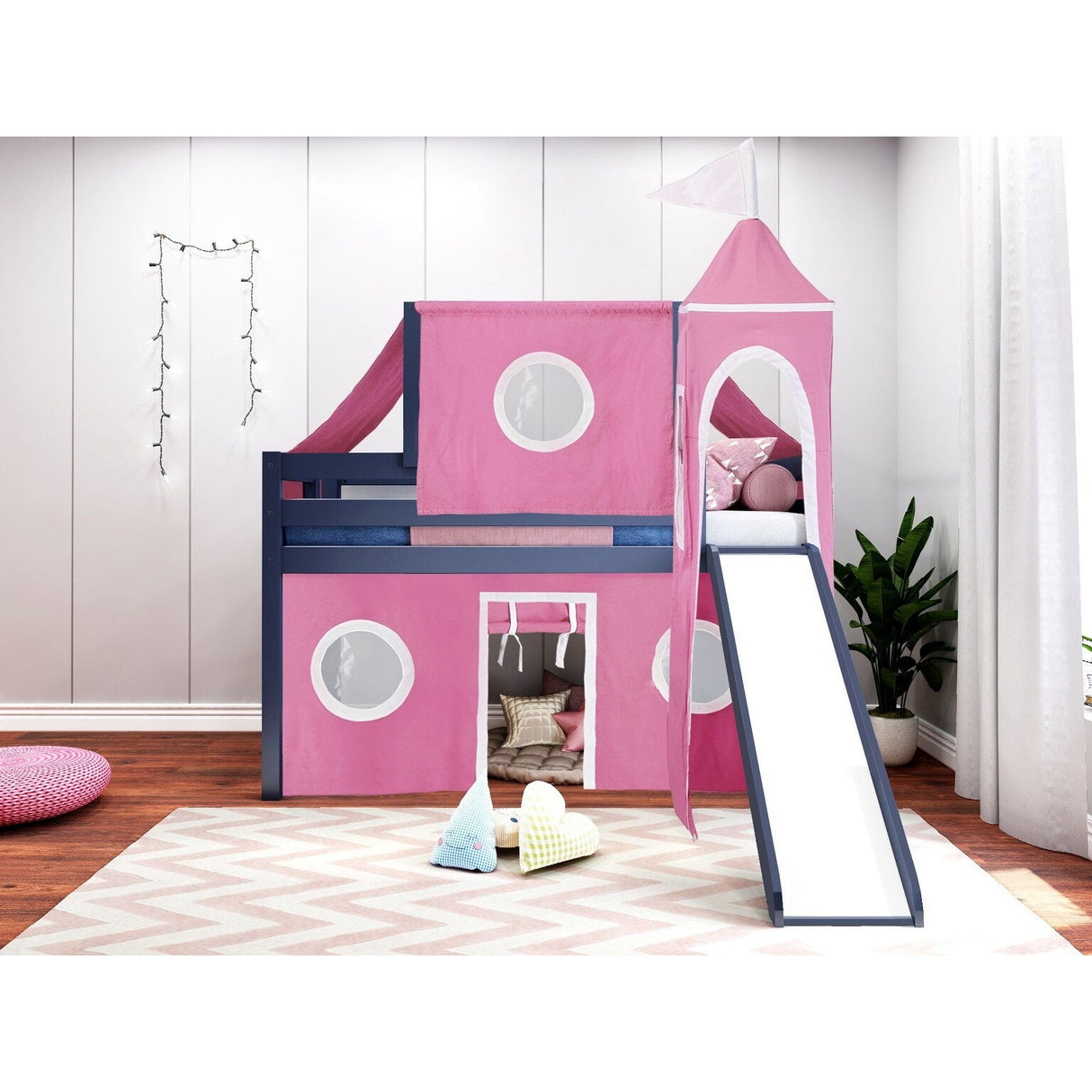 JACKPOT Prince & Princess Low Loft Twin Bed, Ladder Slide Tent & Tower