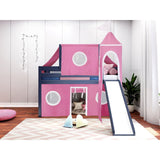 JACKPOT Prince & Princess Low Loft Twin Bed, Ladder Slide Tent & Tower
