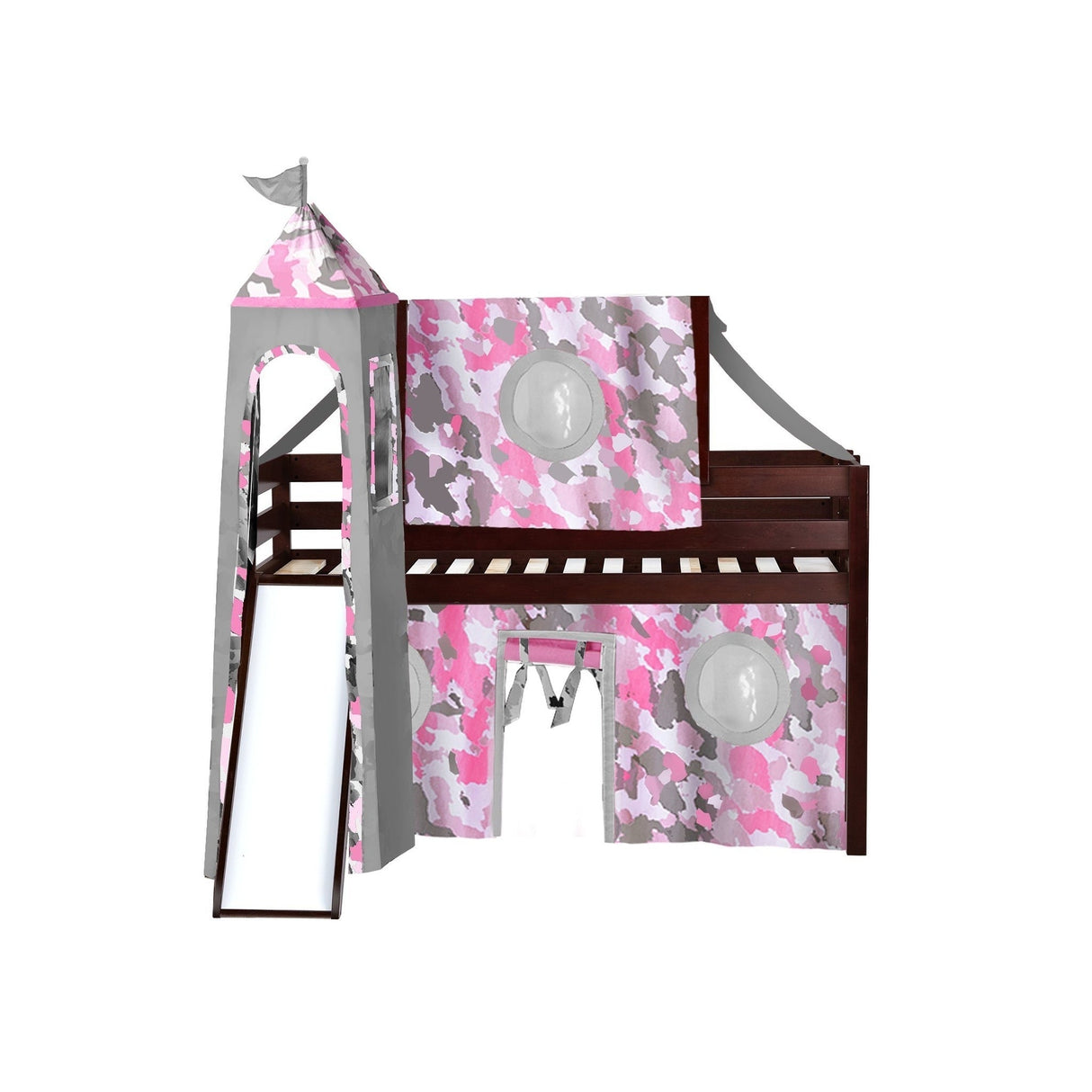 JACKPOT Prince & Princess Low Loft Twin Bed, Ladder Slide Tent & Tower