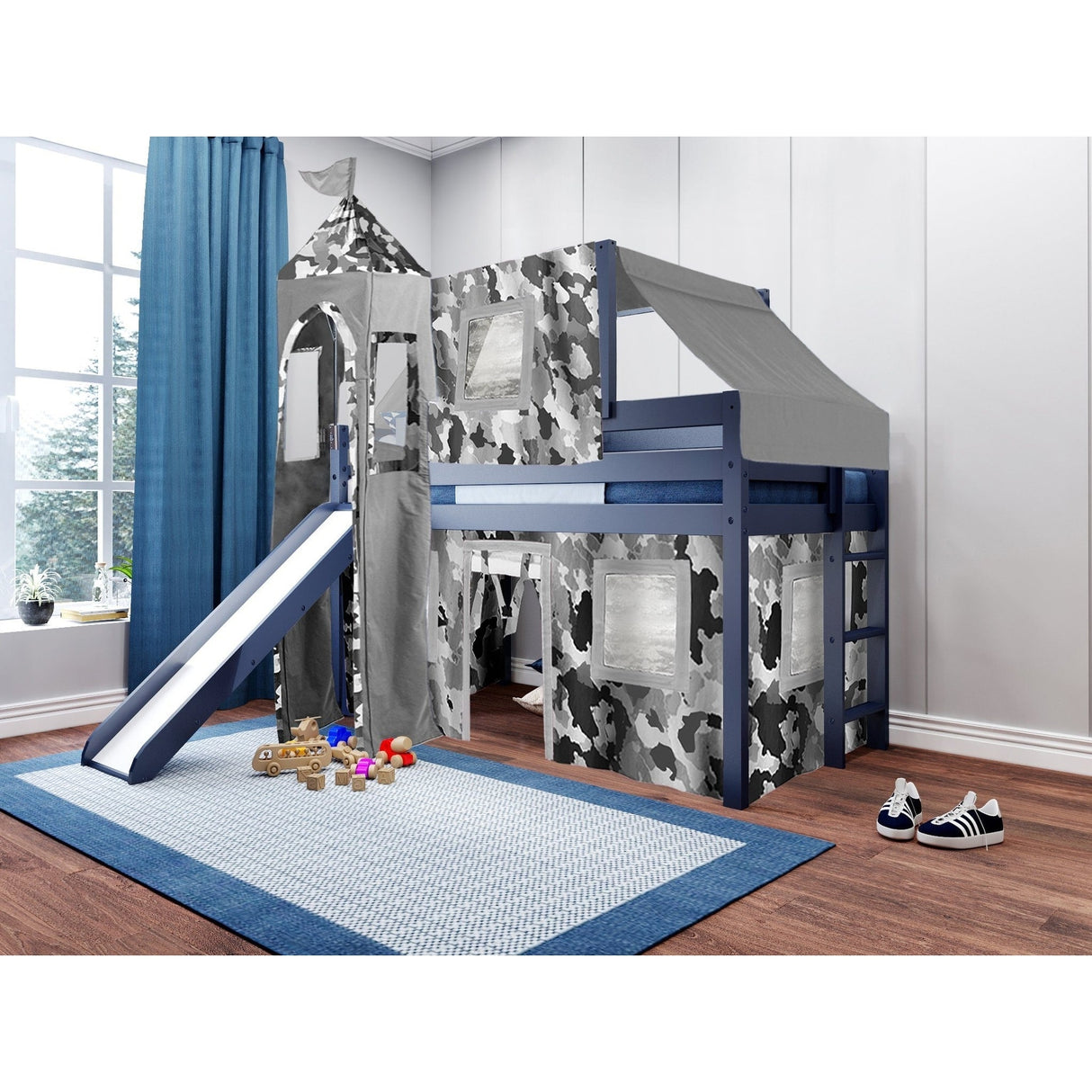 JACKPOT Prince & Princess Low Loft Twin Bed, Ladder Slide Tent & Tower
