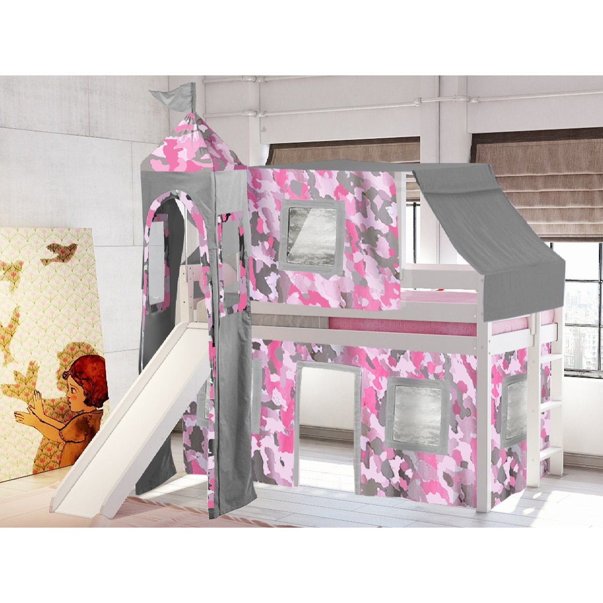 JACKPOT Prince & Princess Low Loft Twin Bed, Ladder Slide Tent & Tower