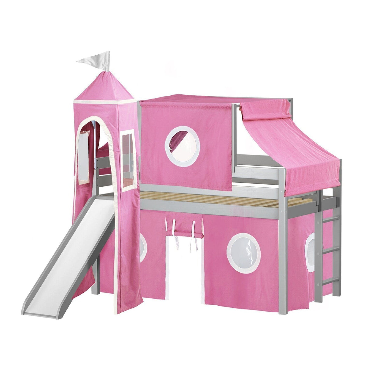 JACKPOT Prince & Princess Low Loft Twin Bed, Ladder Slide Tent & Tower