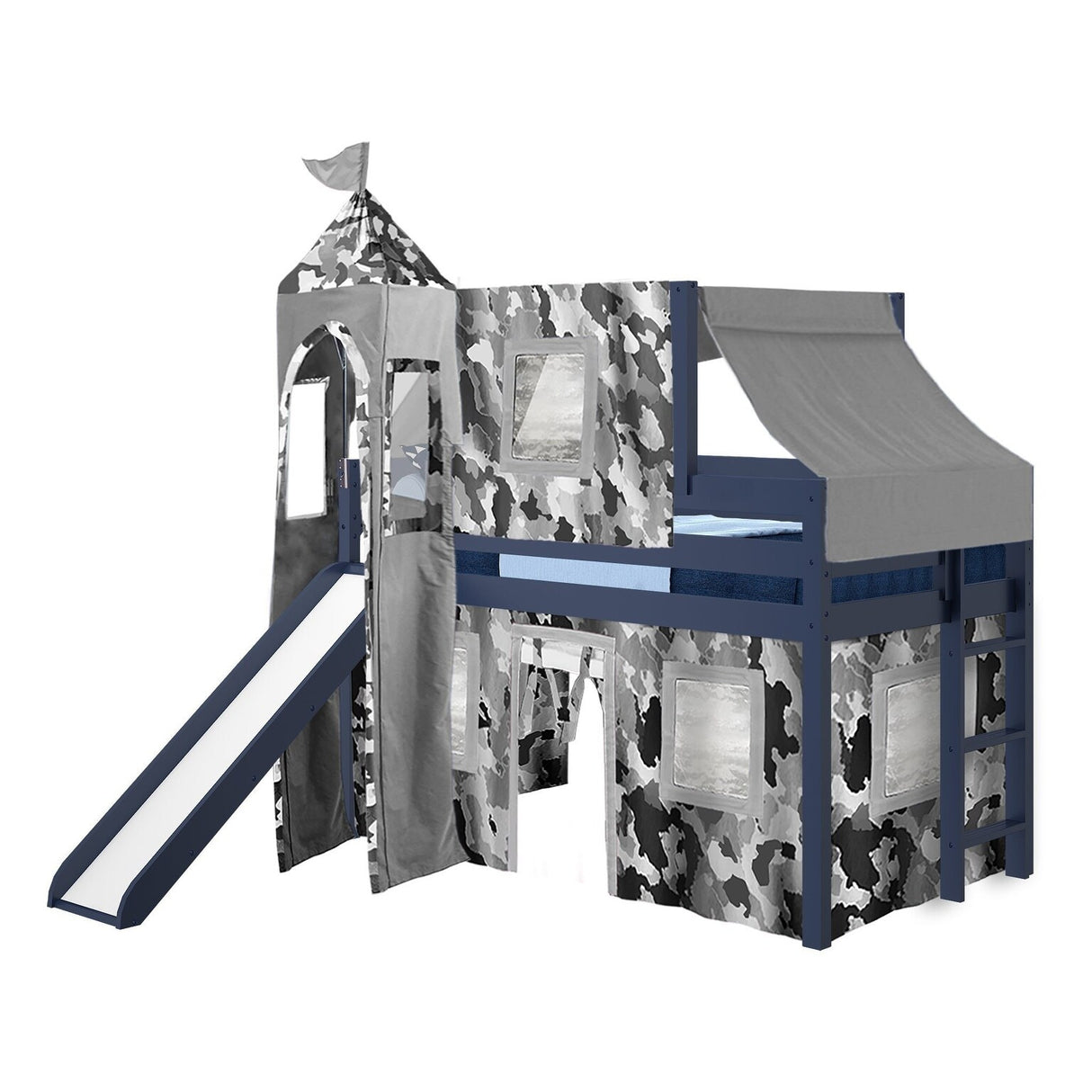 JACKPOT Prince & Princess Low Loft Twin Bed, Ladder Slide Tent & Tower