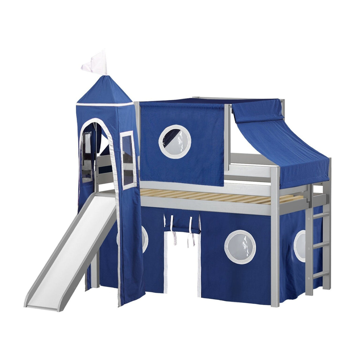 JACKPOT Prince & Princess Low Loft Twin Bed, Ladder Slide Tent & Tower