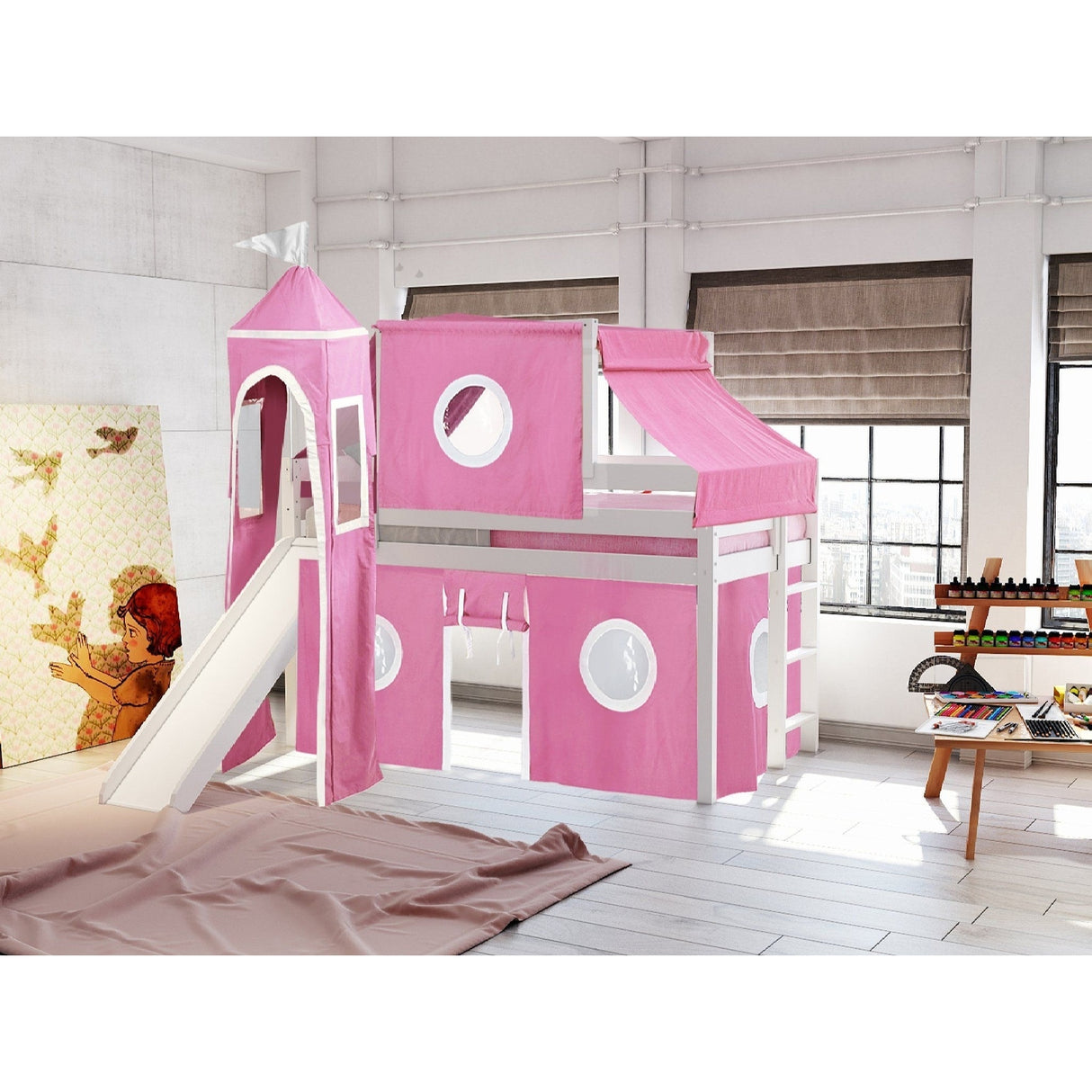 JACKPOT Prince & Princess Low Loft Twin Bed, Ladder Slide Tent & Tower