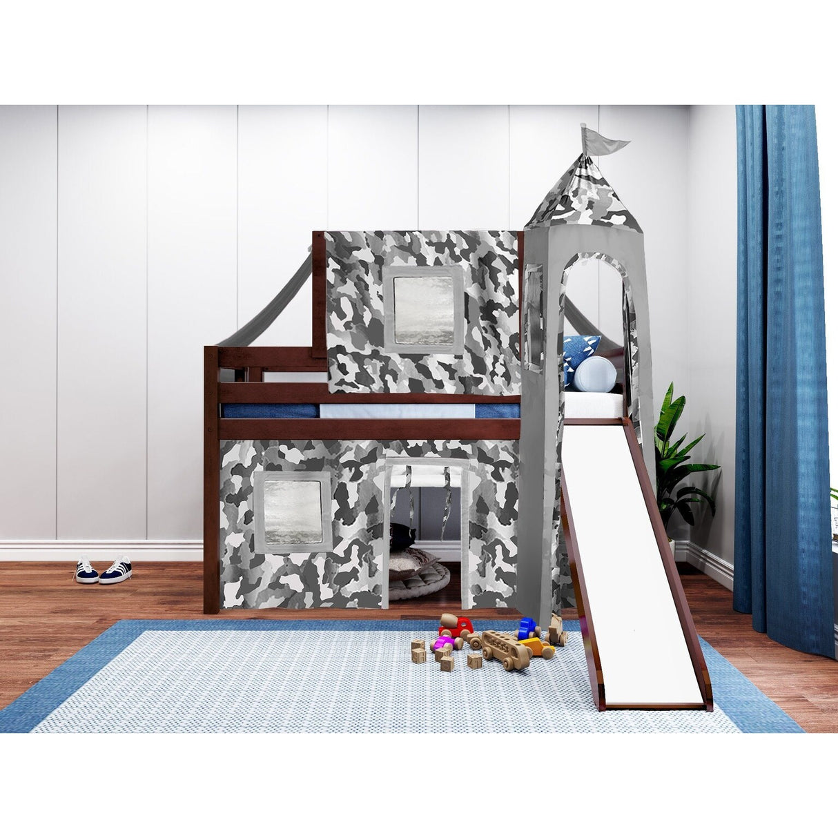 JACKPOT Prince & Princess Low Loft Twin Bed, Ladder Slide Tent & Tower