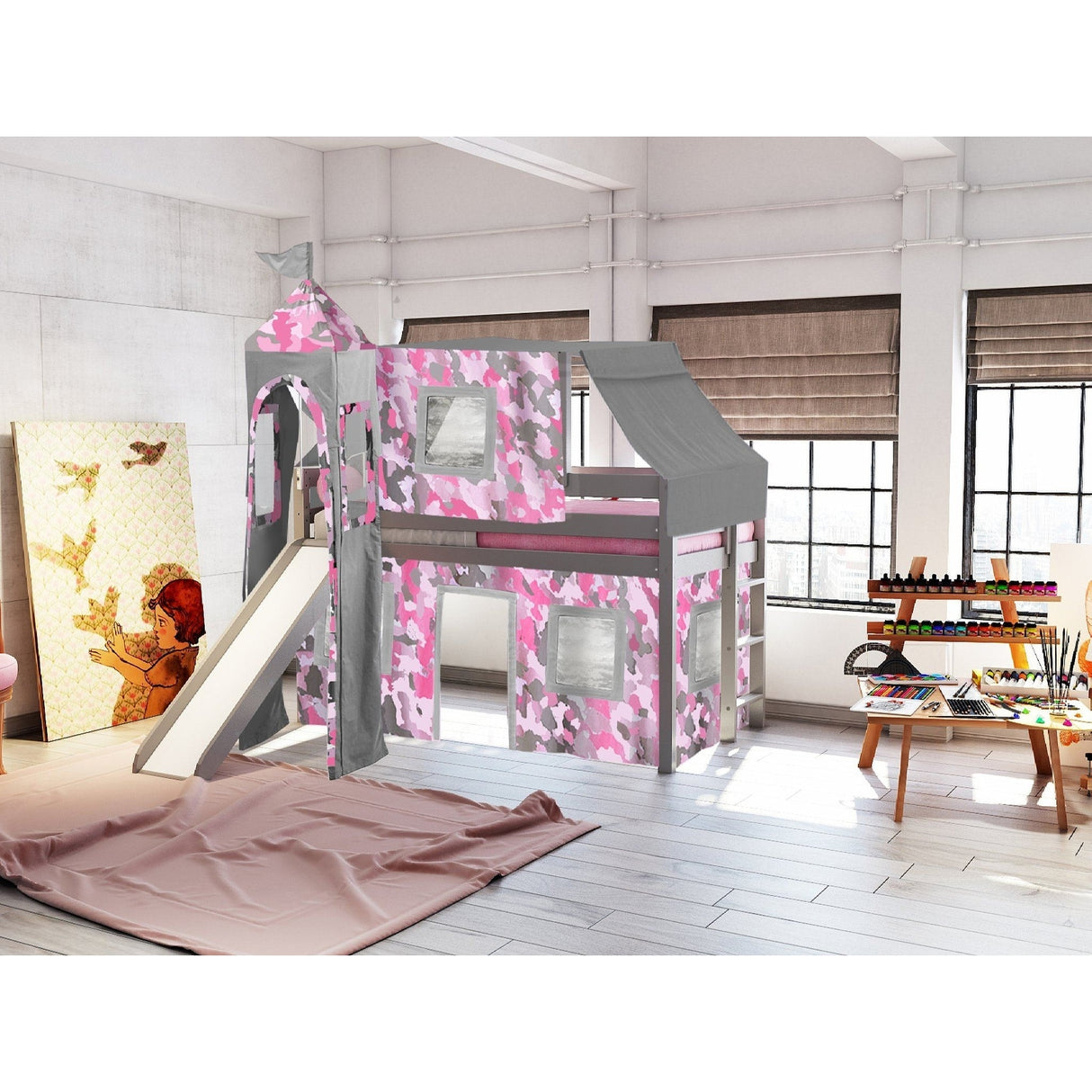 JACKPOT Prince & Princess Low Loft Twin Bed, Ladder Slide Tent & Tower
