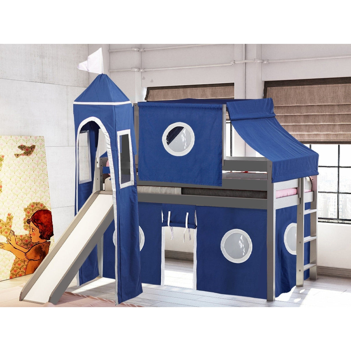 JACKPOT Prince & Princess Low Loft Twin Bed, Ladder Slide Tent & Tower