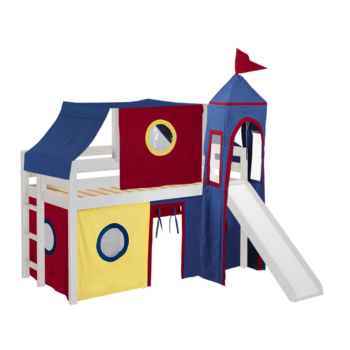 JACKPOT Prince & Princess Low Loft Twin Bed, Ladder Slide Tent & Tower