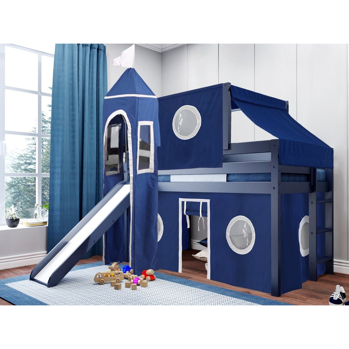JACKPOT Prince & Princess Low Loft Twin Bed, Ladder Slide Tent & Tower