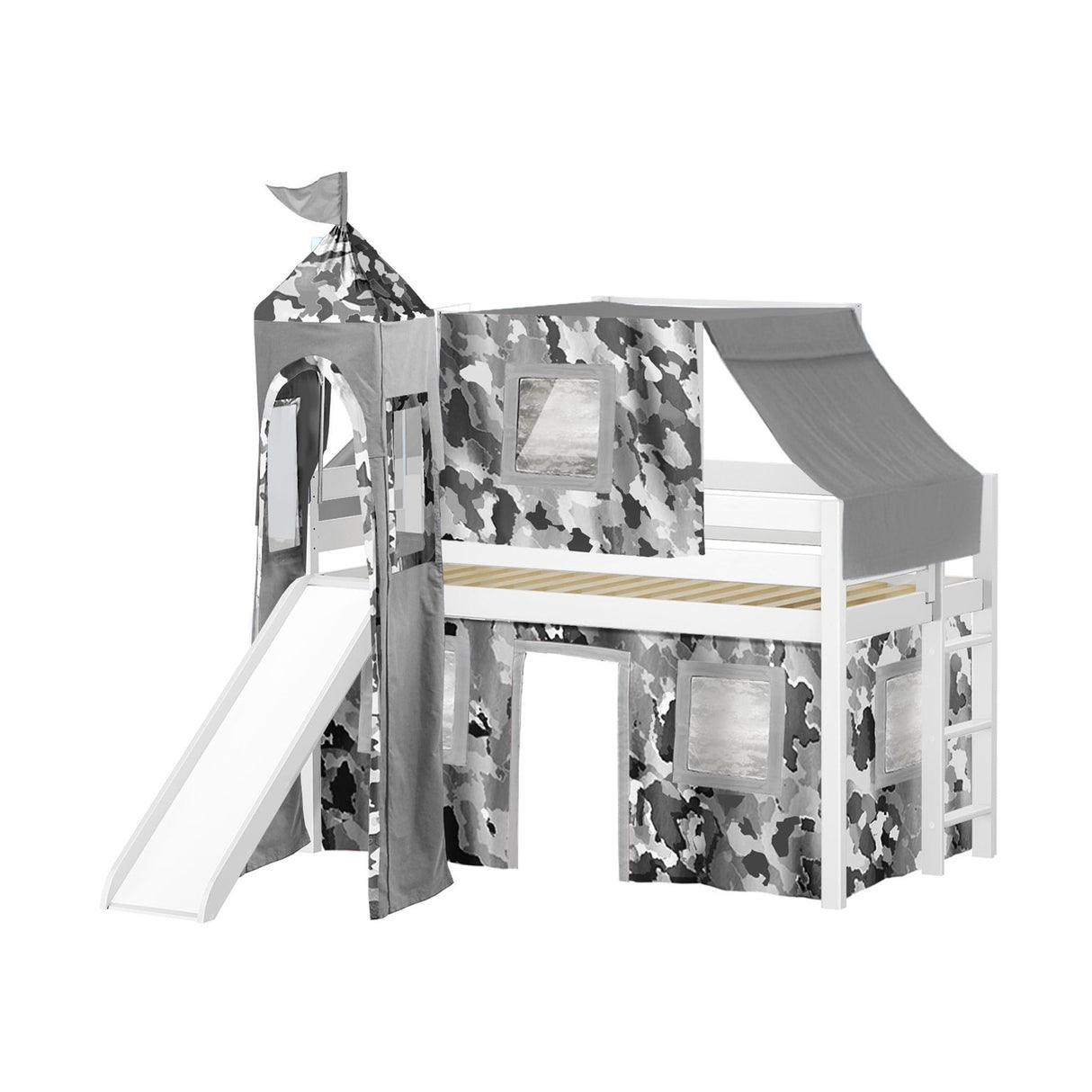 JACKPOT Prince & Princess Low Loft Twin Bed, Ladder Slide Tent & Tower
