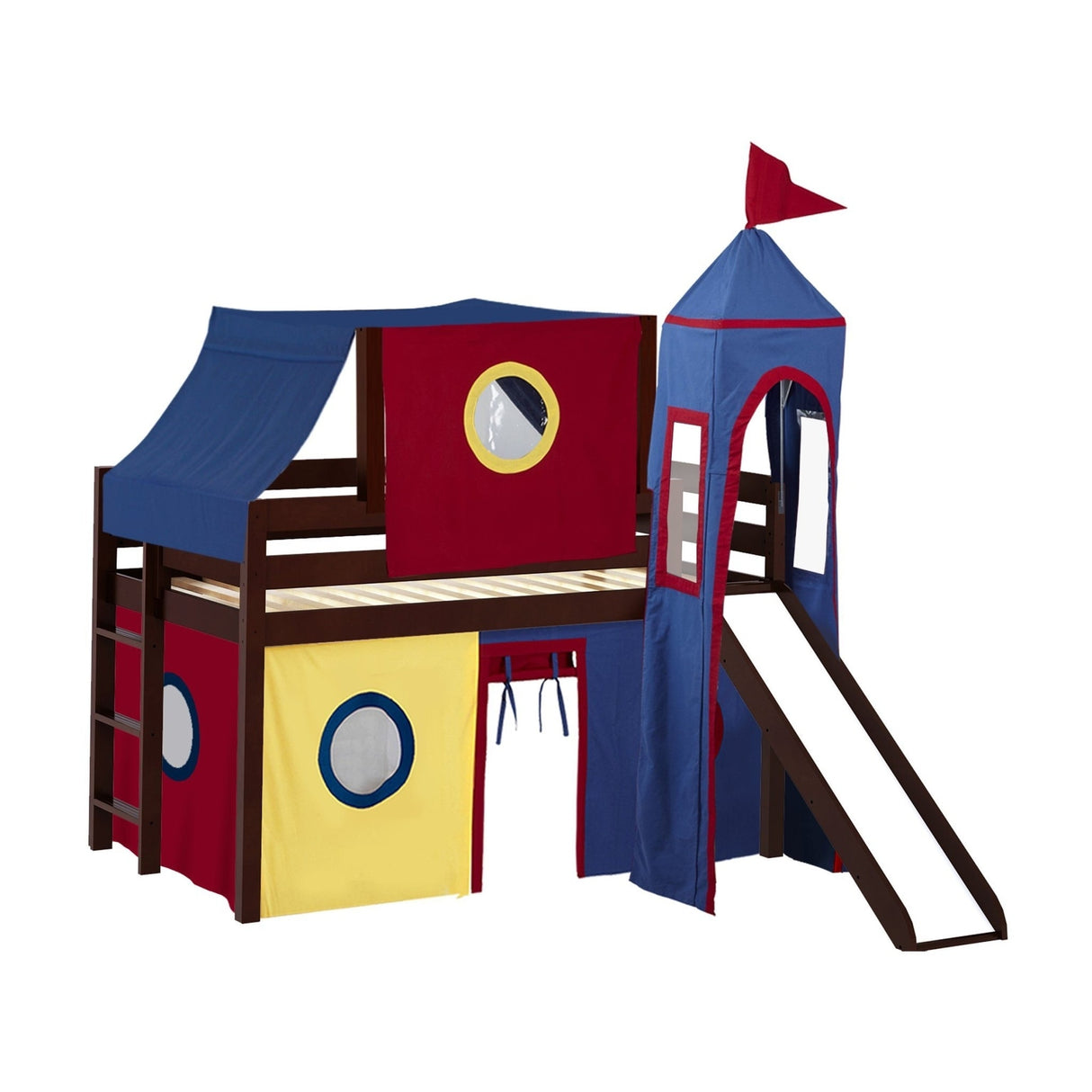 JACKPOT Prince & Princess Low Loft Twin Bed, Ladder Slide Tent & Tower