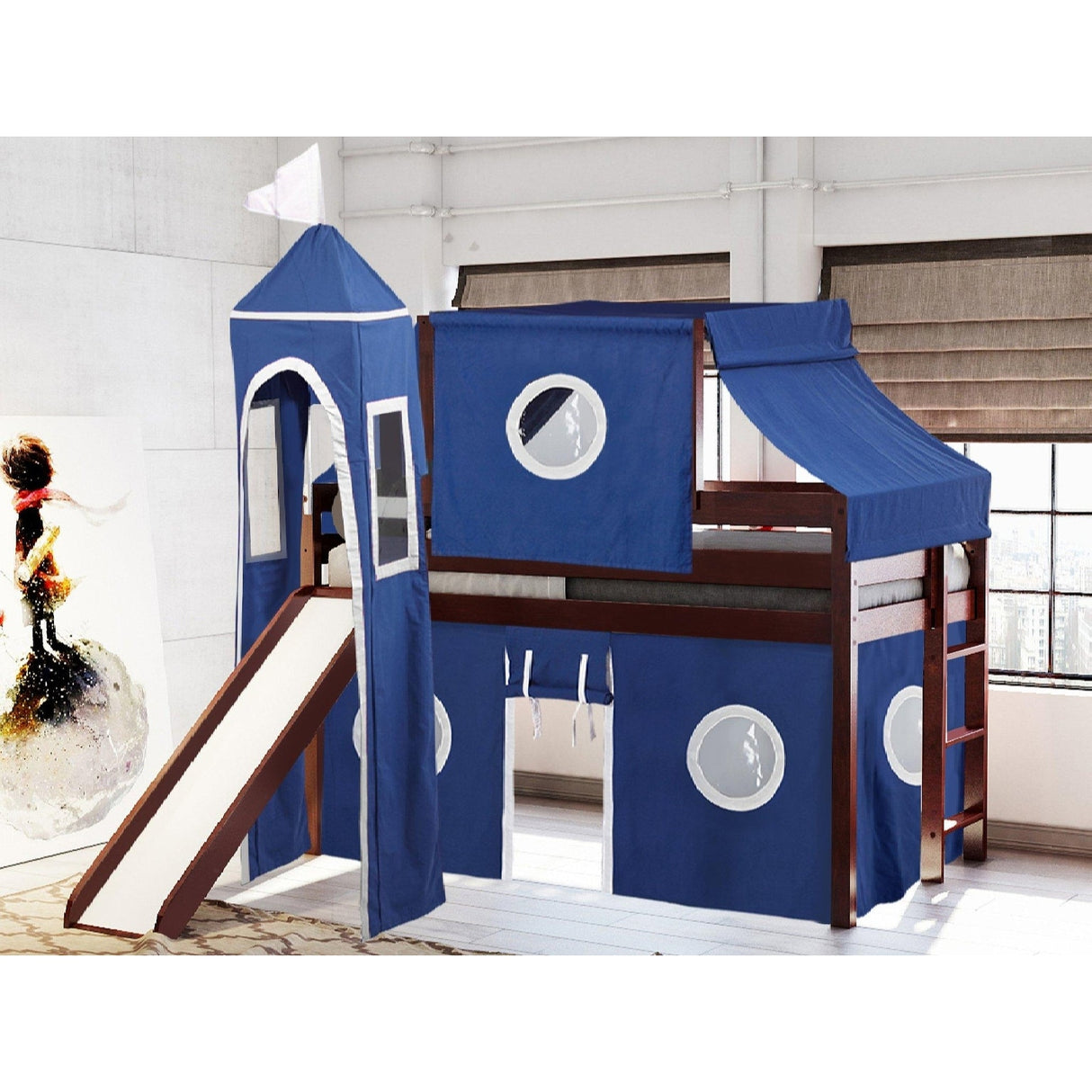 JACKPOT Prince & Princess Low Loft Twin Bed, Ladder Slide Tent & Tower