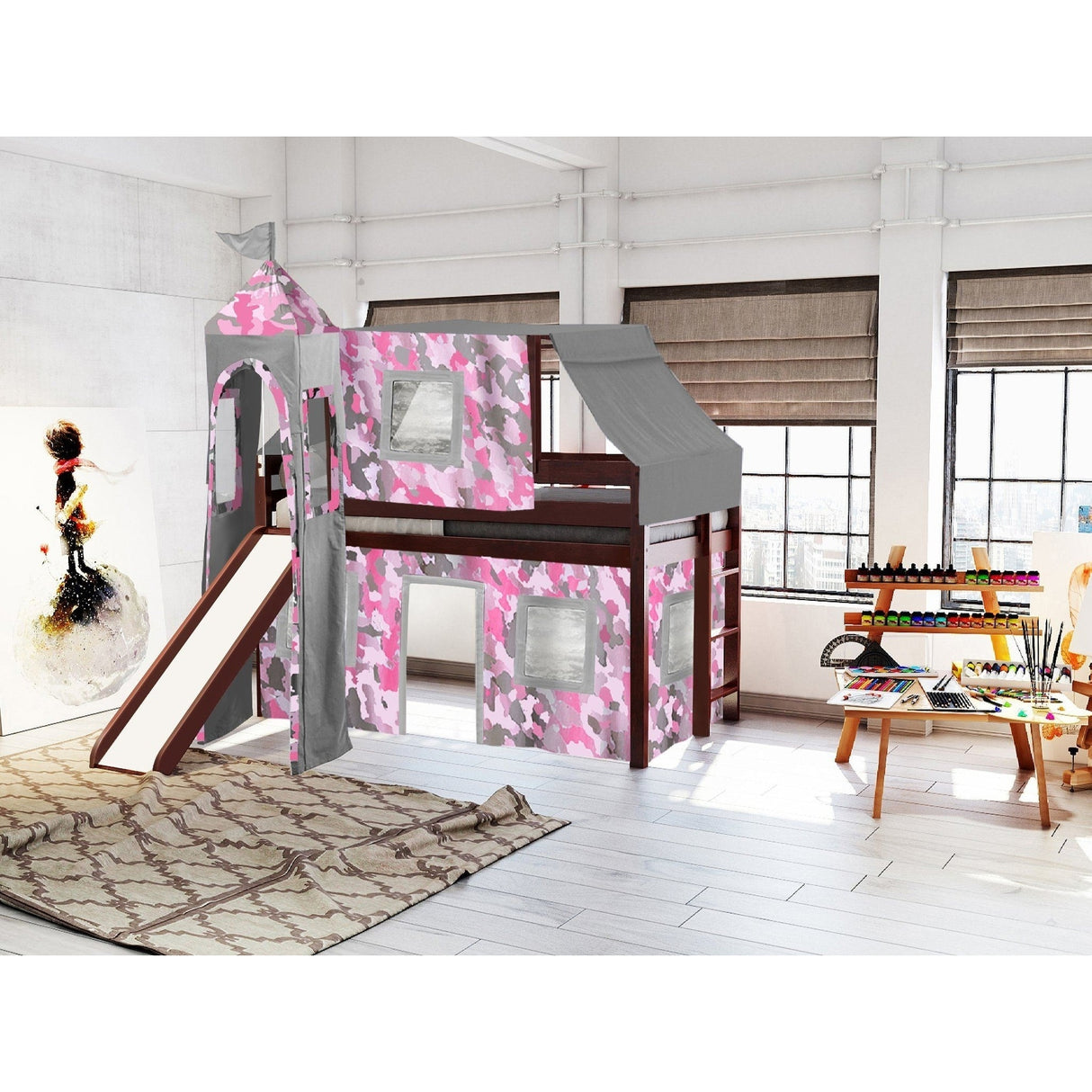JACKPOT Prince & Princess Low Loft Twin Bed, Ladder Slide Tent & Tower