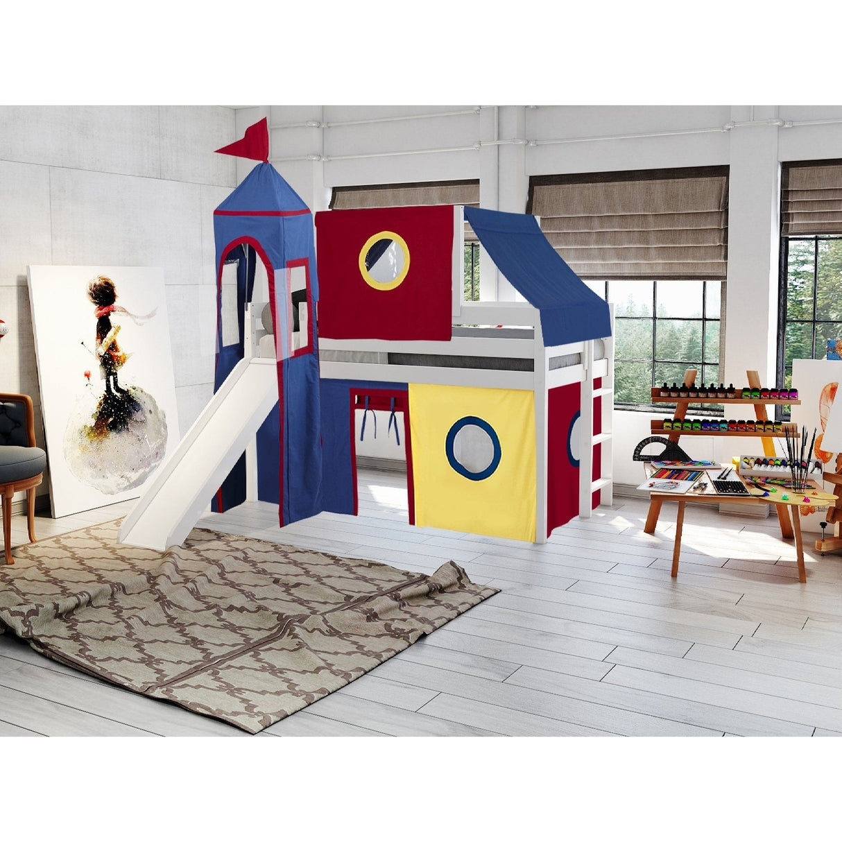 JACKPOT Prince & Princess Low Loft Twin Bed, Ladder Slide Tent & Tower