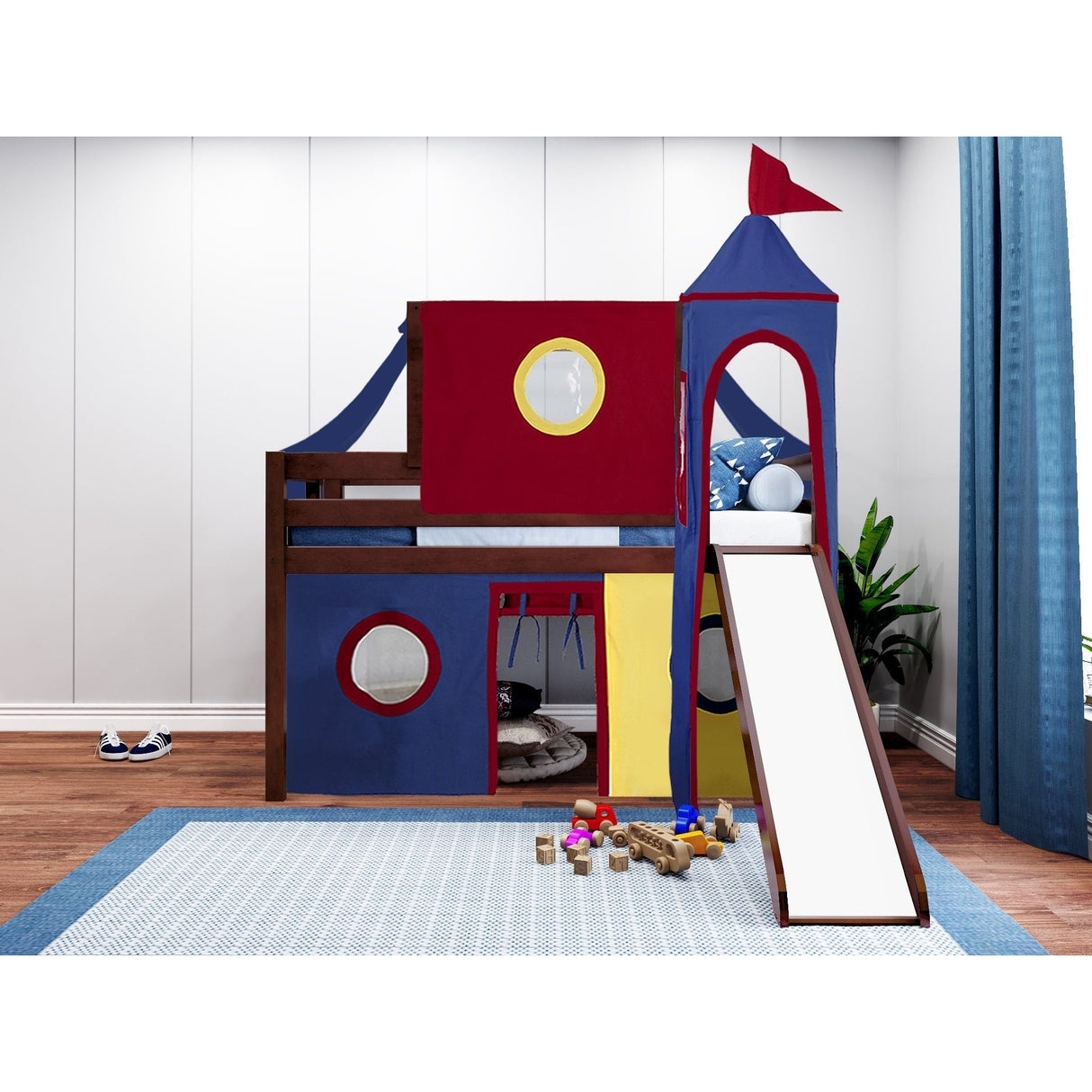 JACKPOT Prince & Princess Low Loft Twin Bed, Ladder Slide Tent & Tower
