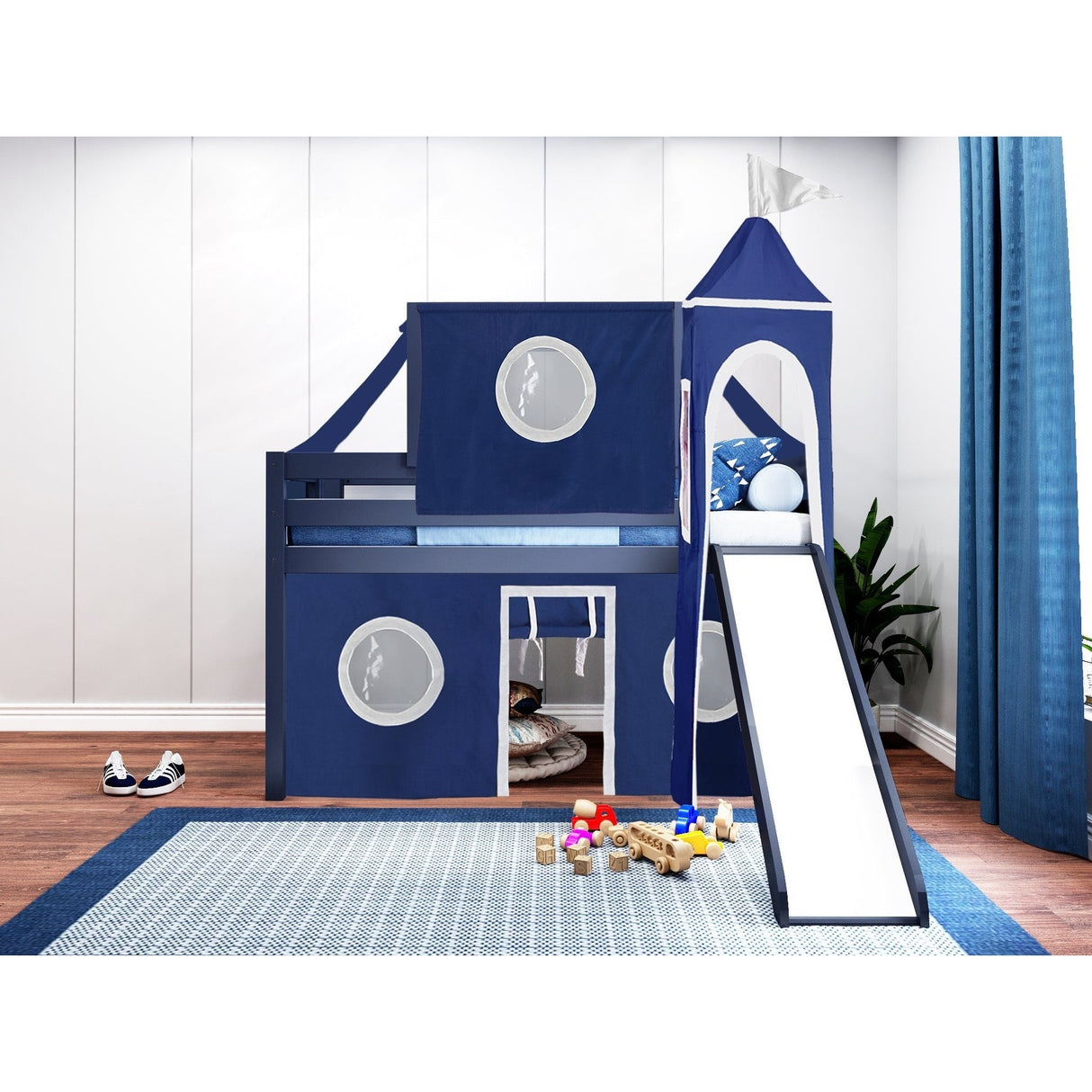 JACKPOT Prince & Princess Low Loft Twin Bed, Ladder Slide Tent & Tower