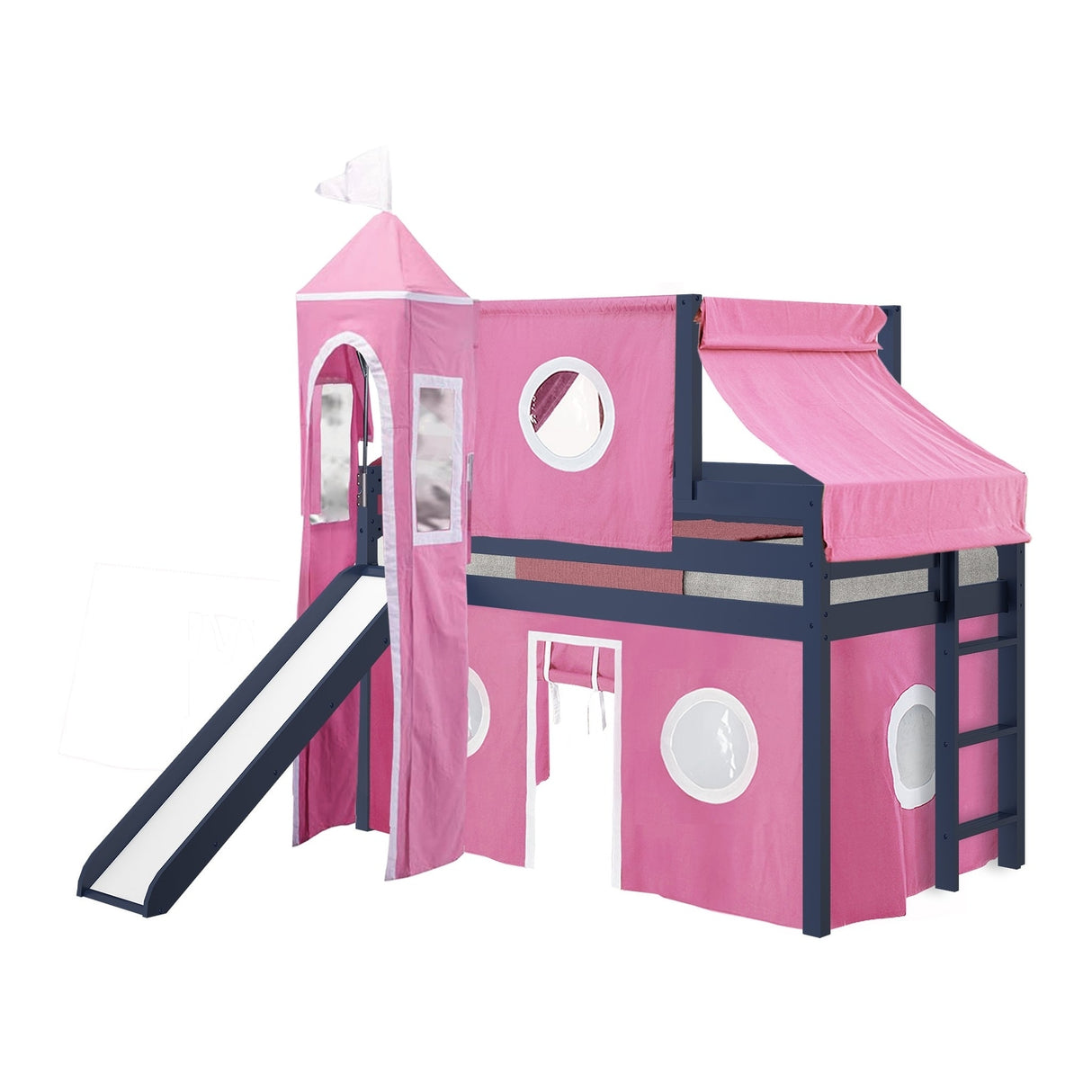 JACKPOT Prince & Princess Low Loft Twin Bed, Ladder Slide Tent & Tower
