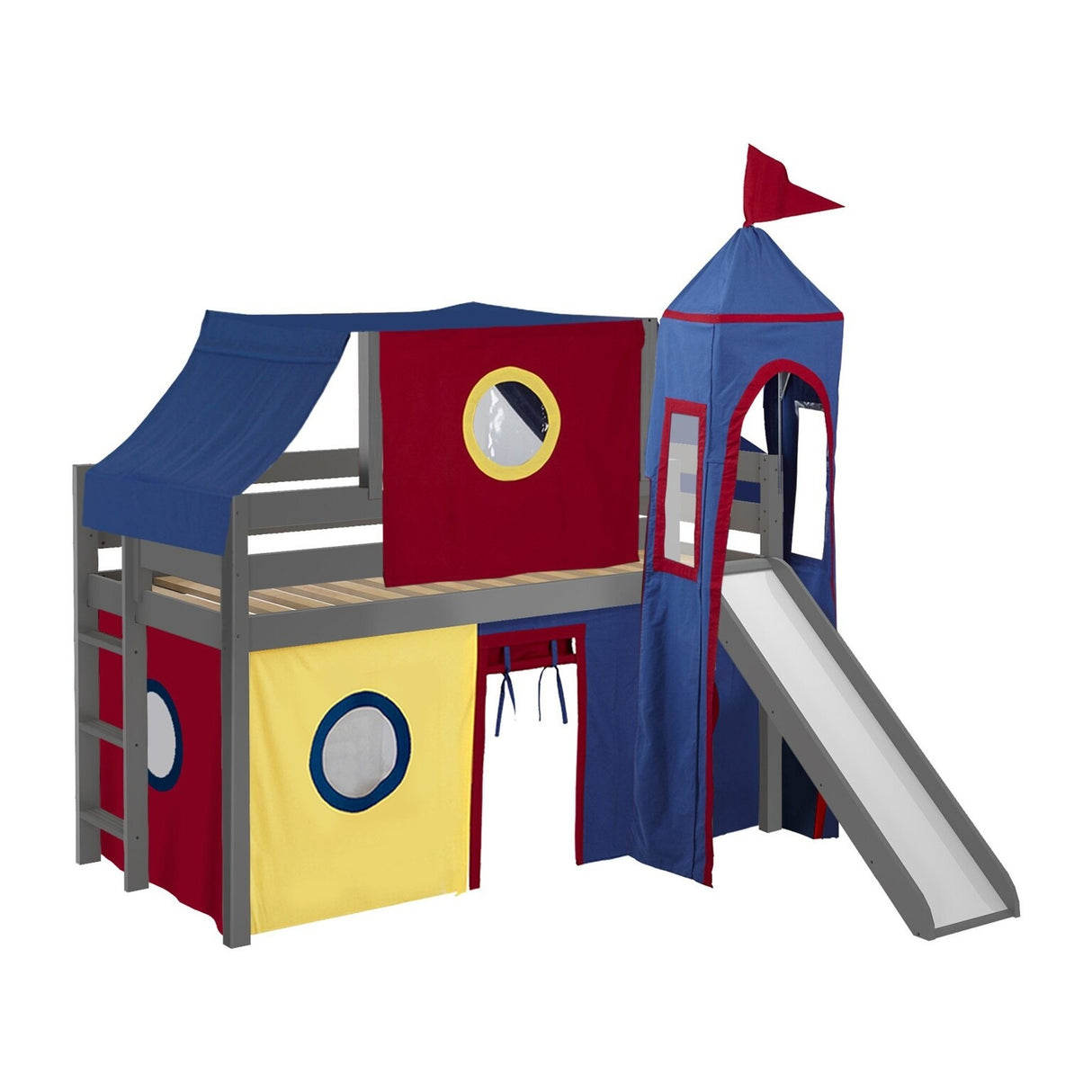 JACKPOT Prince & Princess Low Loft Twin Bed, Ladder Slide Tent & Tower