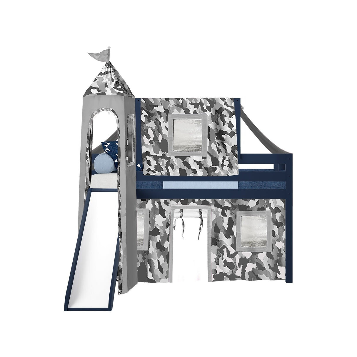 JACKPOT Prince & Princess Low Loft Twin Bed, Ladder Slide Tent & Tower