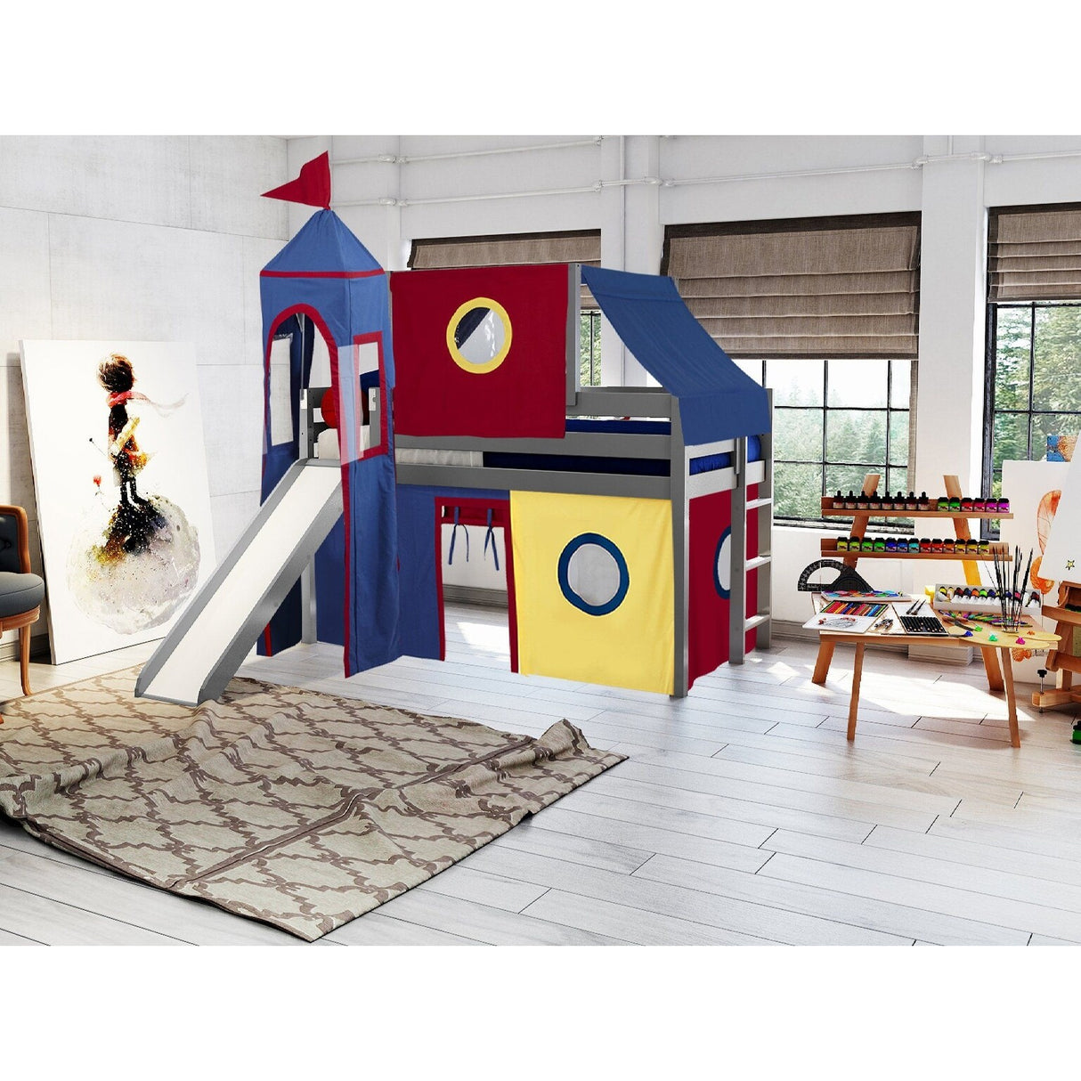 JACKPOT Prince & Princess Low Loft Twin Bed, Ladder Slide Tent & Tower