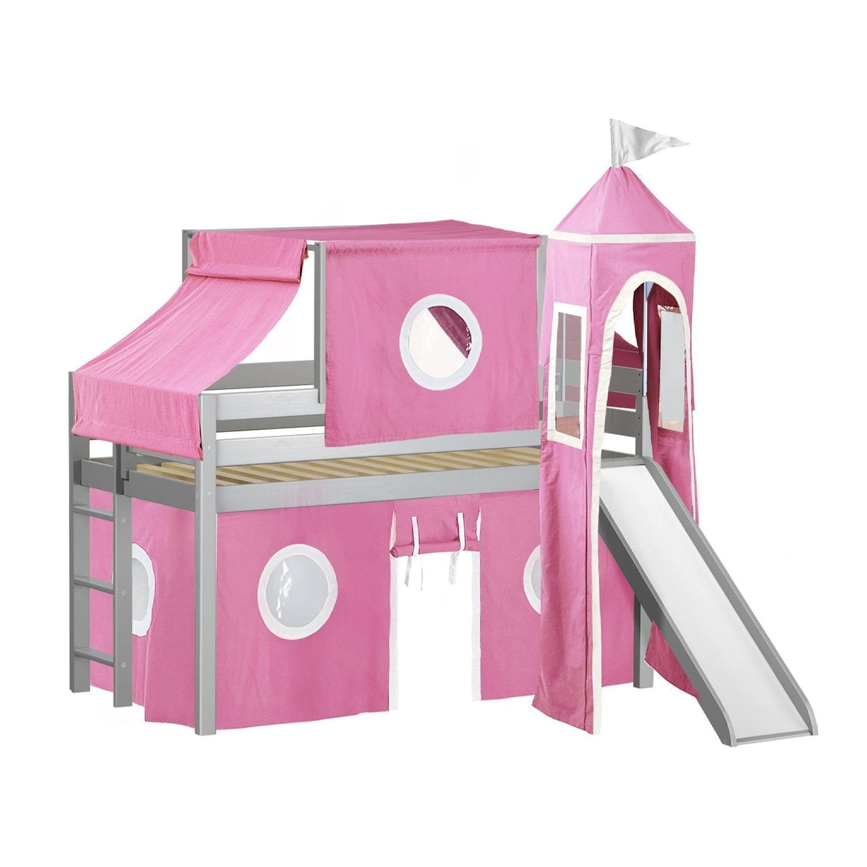 JACKPOT Prince & Princess Low Loft Twin Bed, Ladder Slide Tent & Tower