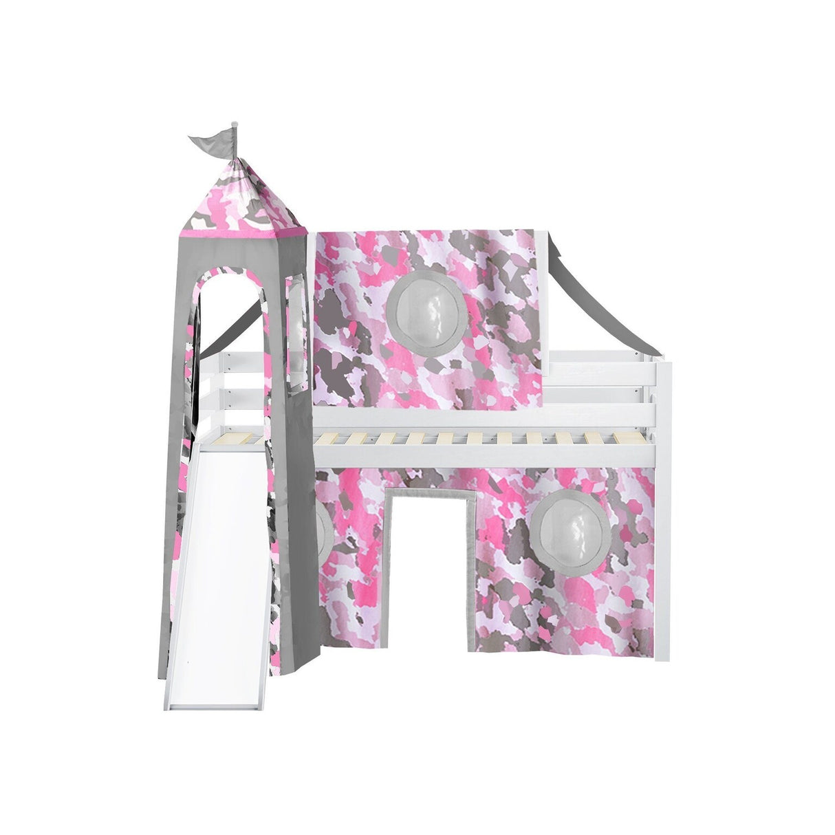 JACKPOT Prince & Princess Low Loft Twin Bed, Ladder Slide Tent & Tower