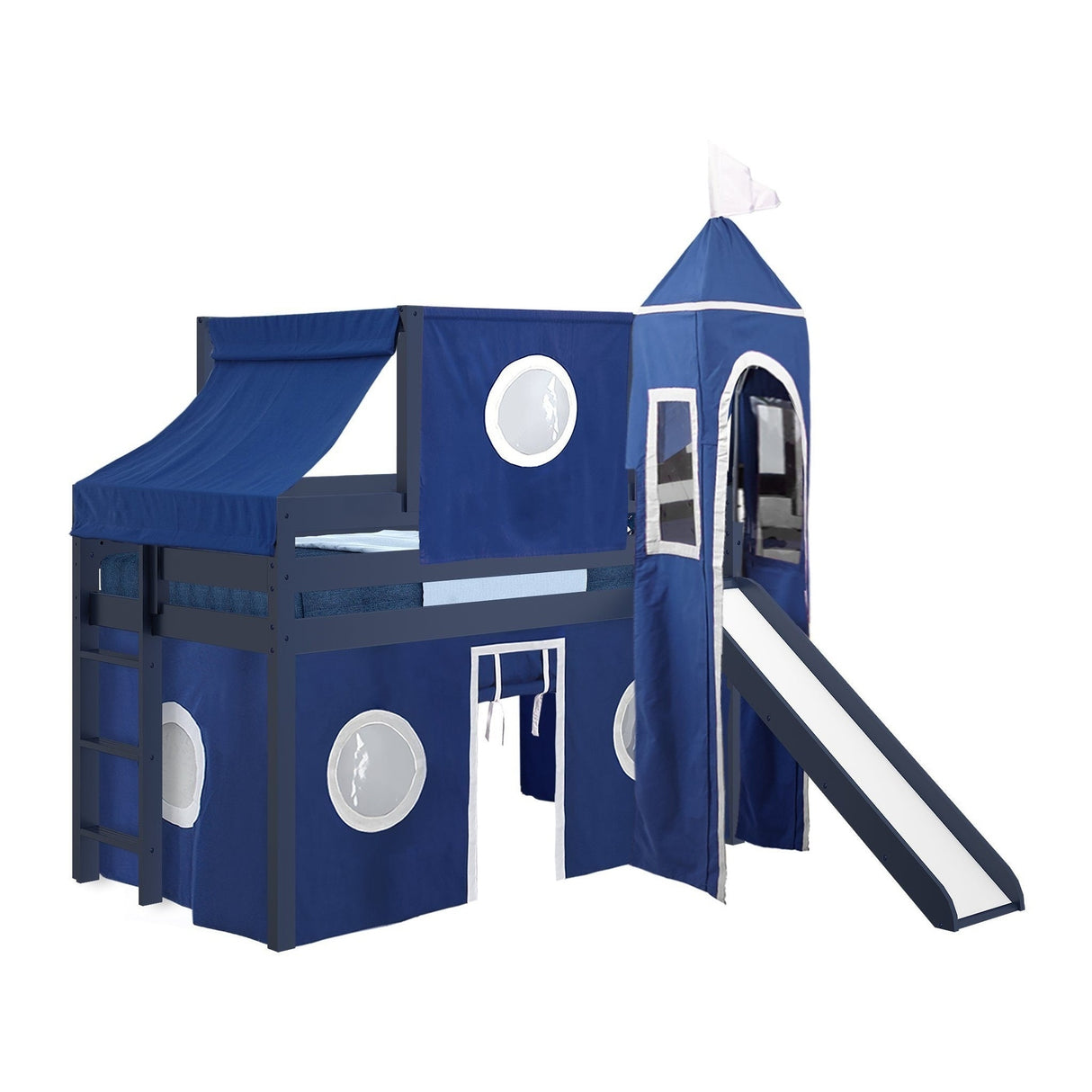 JACKPOT Prince & Princess Low Loft Twin Bed, Ladder Slide Tent & Tower