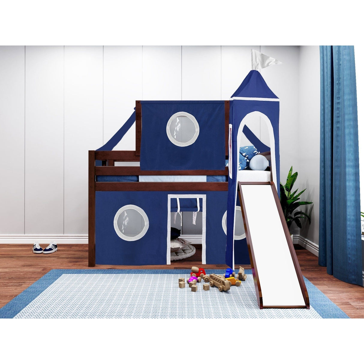 JACKPOT Prince & Princess Low Loft Twin Bed, Ladder Slide Tent & Tower