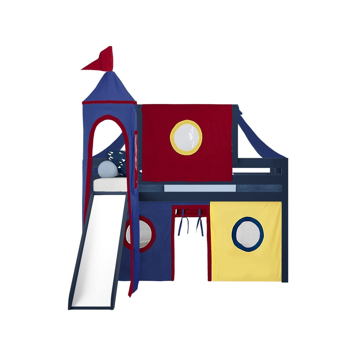 JACKPOT Prince & Princess Low Loft Twin Bed, Ladder Slide Tent & Tower