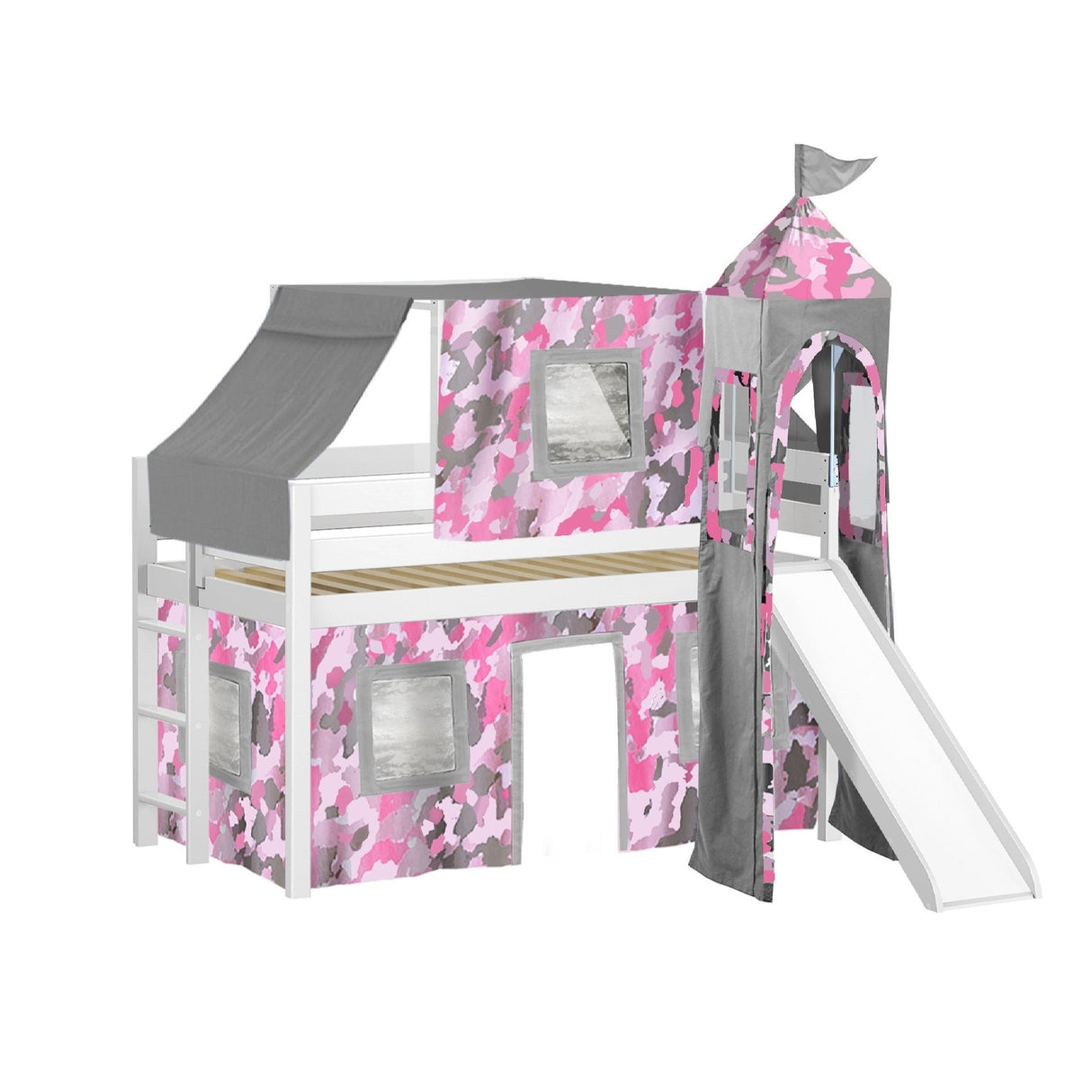 JACKPOT Prince & Princess Low Loft Twin Bed, Ladder Slide Tent & Tower
