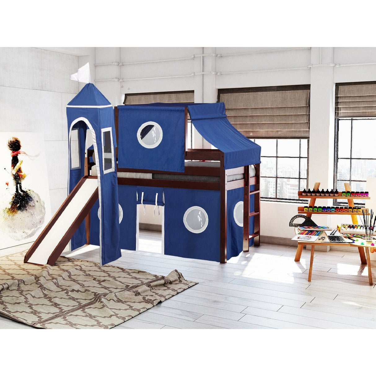 JACKPOT Prince & Princess Low Loft Twin Bed, Ladder Slide Tent & Tower