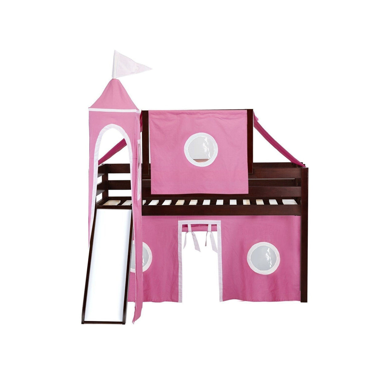 JACKPOT Prince & Princess Low Loft Twin Bed, Ladder Slide Tent & Tower