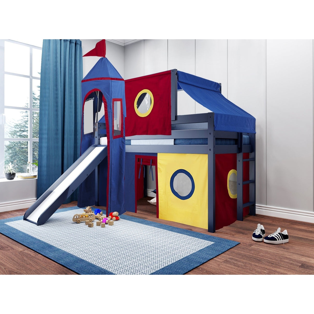 JACKPOT Prince & Princess Low Loft Twin Bed, Ladder Slide Tent & Tower