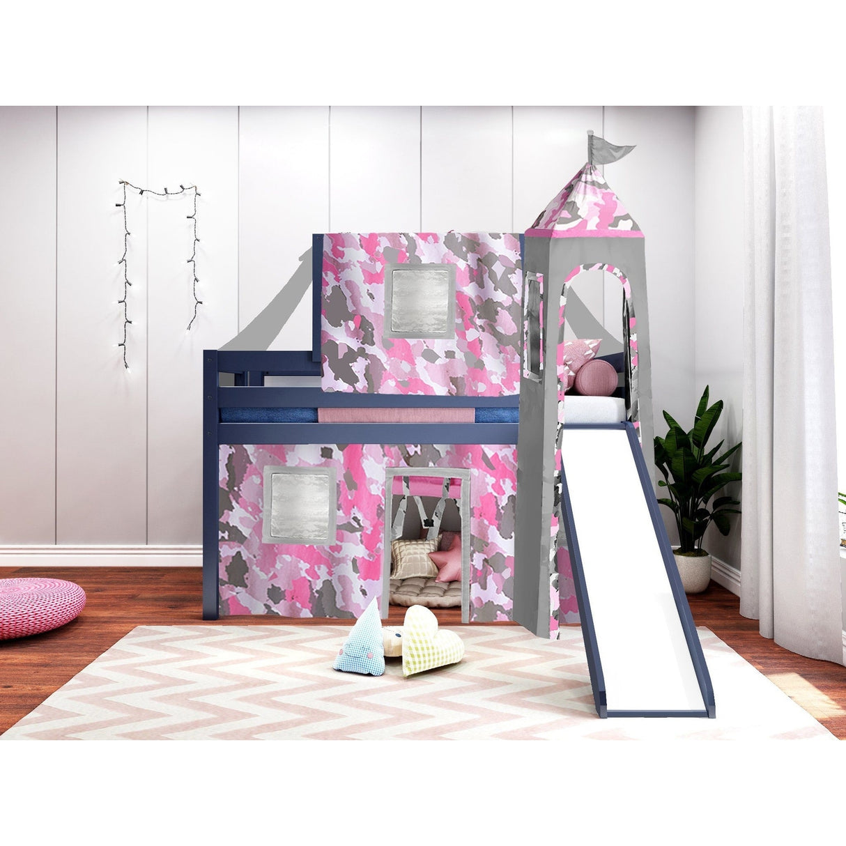 JACKPOT Prince & Princess Low Loft Twin Bed, Ladder Slide Tent & Tower